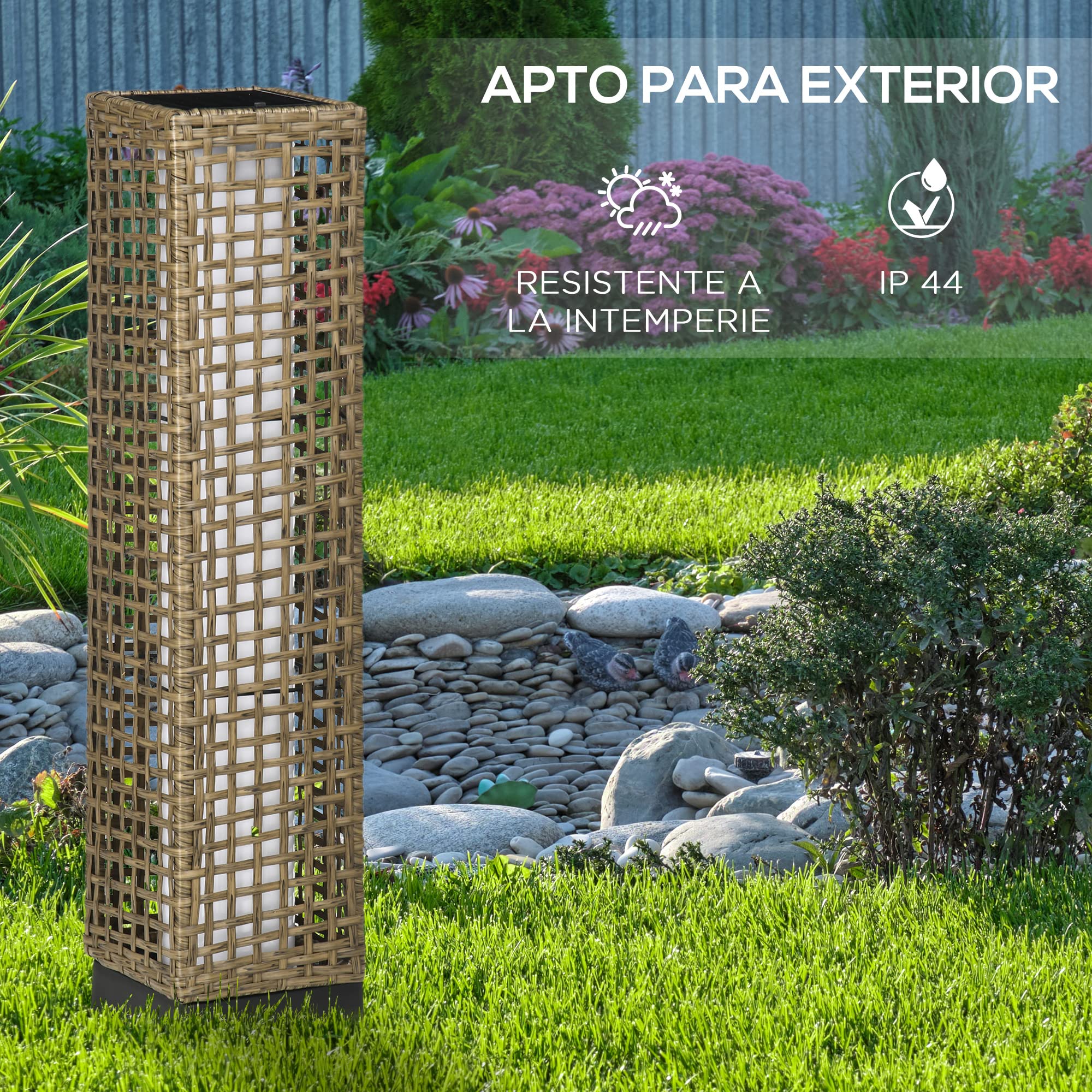 Outsunny Linterna de Jardín de Ratán Sintético Farola Solar con Luces LED Encendido y Apagado Automático para Terraza Balcón Patio 15,5x15,5x69 cm Arena