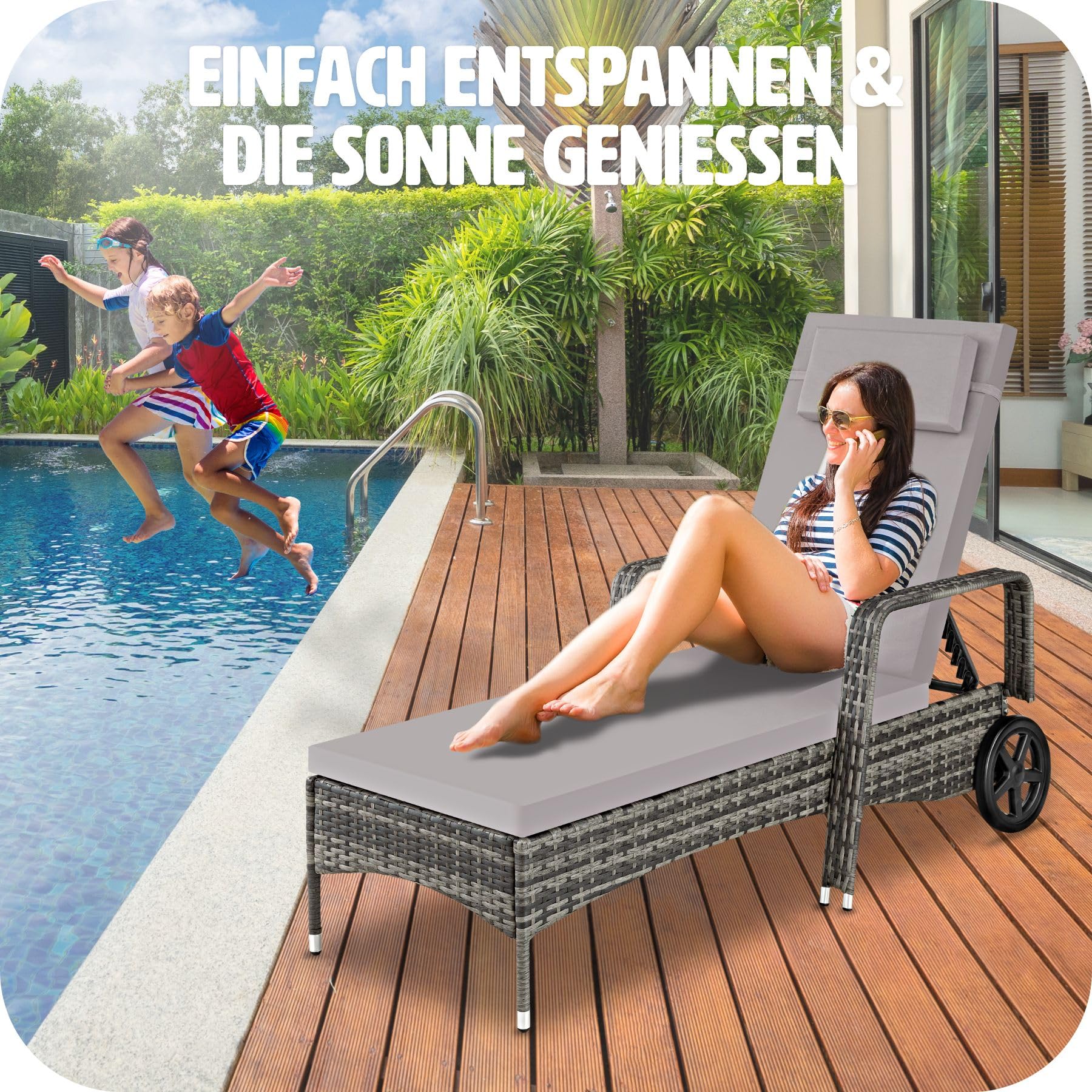 tectake® Aluminium Rattan Sonnenliege mit Armlehne und Rollen, Outdoor Polyrattan Gartenliege mit 6-Fach höhenverstellbarer Rückenlehne (bis 150 kg), Balkon Möbel oder Garten Möbel - grau