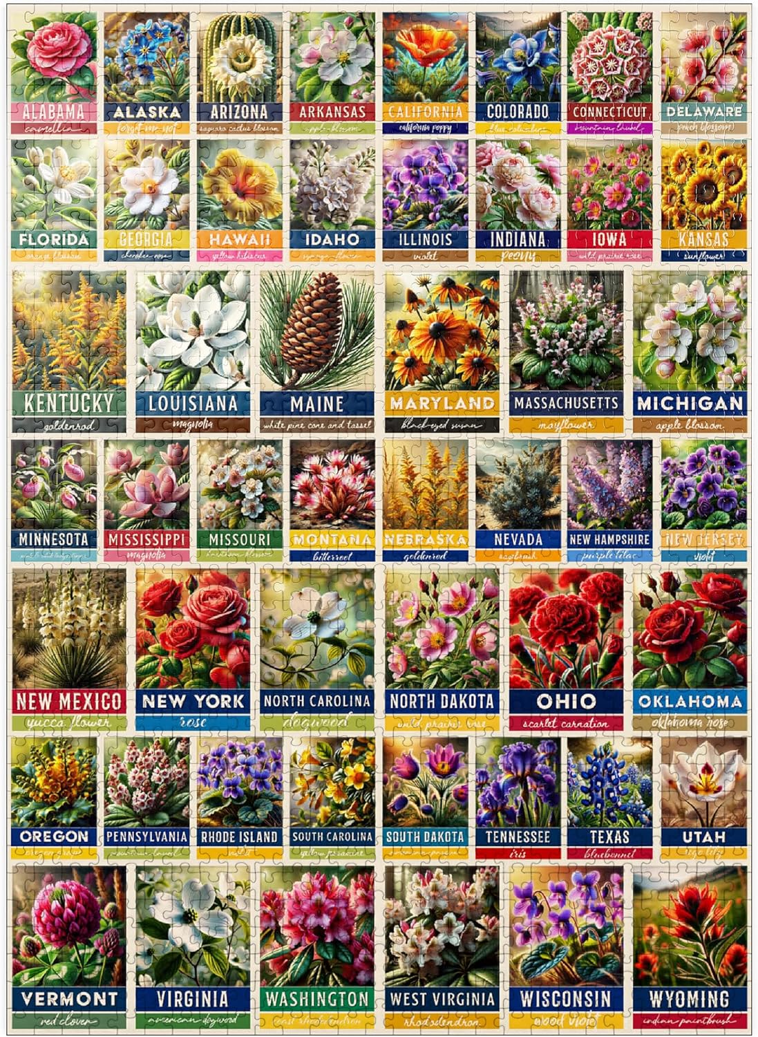 MyPuzzle State Flowers Series: 50 State Flowers Collage, Vol. 3 - Premium 1000 Piece Jigsaw Puzzle for Adults