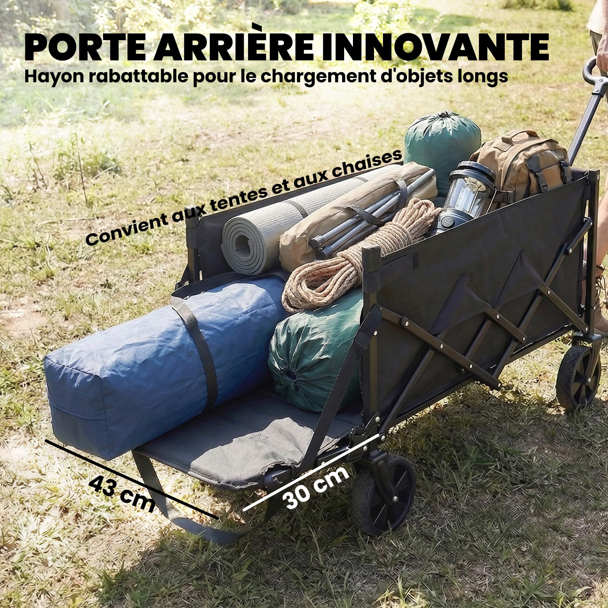 Outsunny Chariot de Transport Pliable, 60L, Charge 150 kg, Porte Arrière Rabattable, Roues Amovibles, Poignée Réglable, Porte-Gobelets, Chariot de Jardin Tout Terrain pour Plage Camping, Noir
