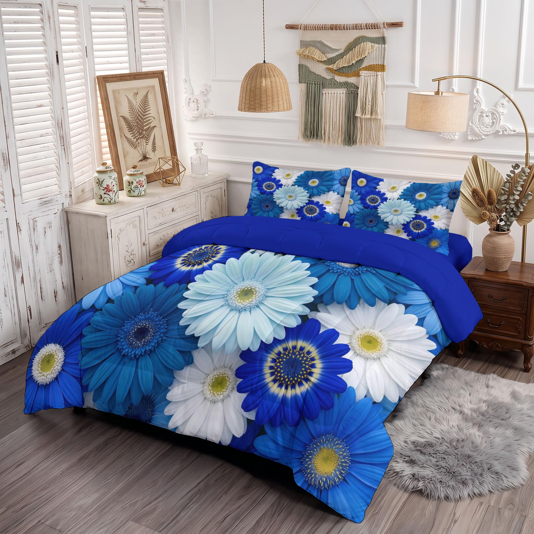 Trapunta Invernale Letto Matrimoniale 240X220 Cm Fantasia Floreale Sfumata Realistica Gerbera Naturale, Piumino Reversibile In Morbida Traspirante Microfibra, Piumone Lavabile Blu