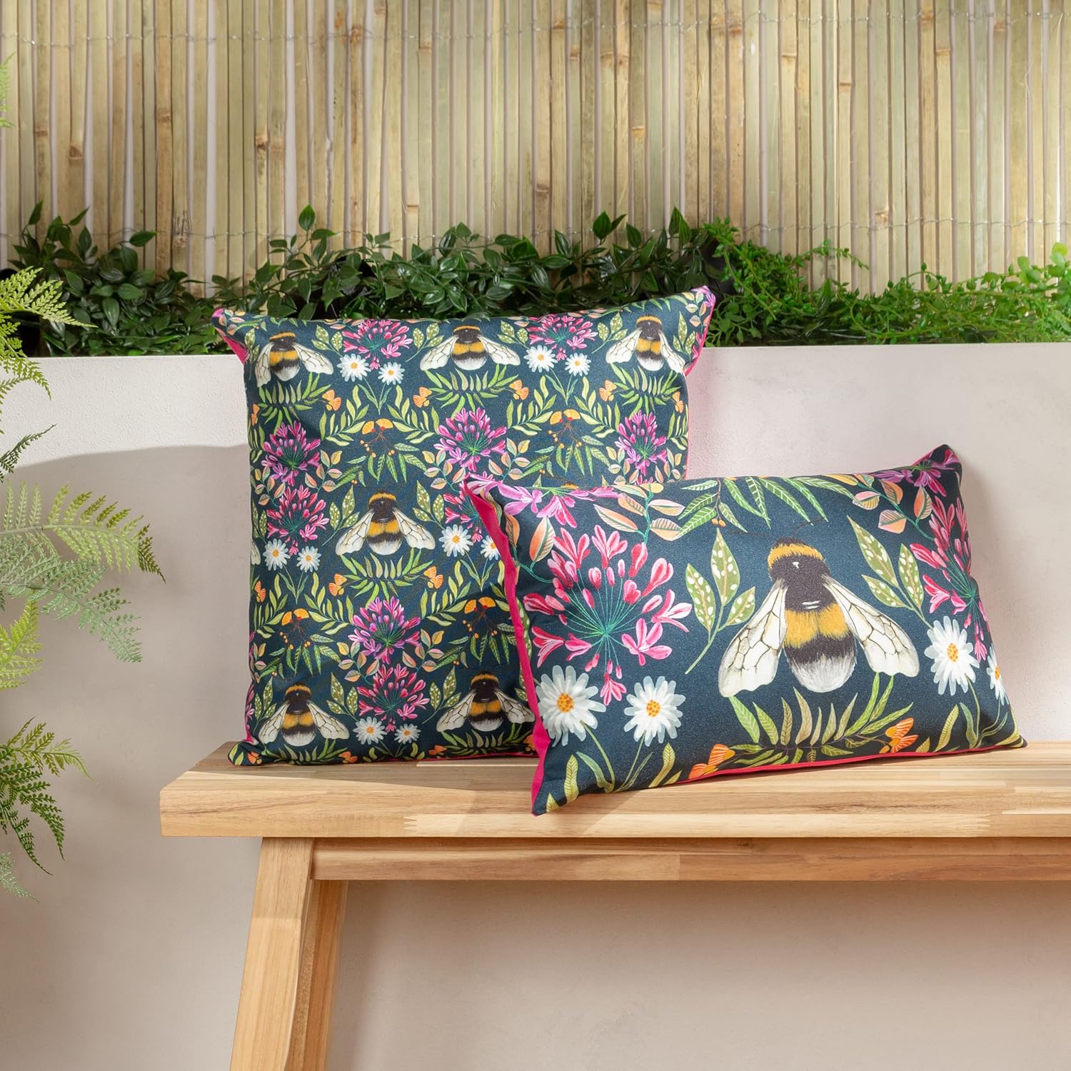 Wylder Nature House of Bloom Zinnia Bee Rectangular Outdoor Cushion Cover, 30 x 50cm, Navy