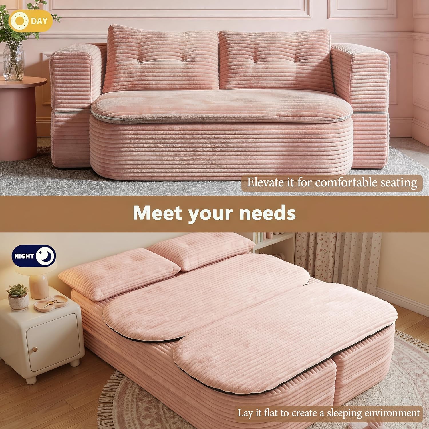 78.7-inch Folding futon Sofa Bed,Convertible Sleeper Couch Bed,Comfy Memory Sponge Double Sofa Mattress for Living Room(Pink+Blanket)