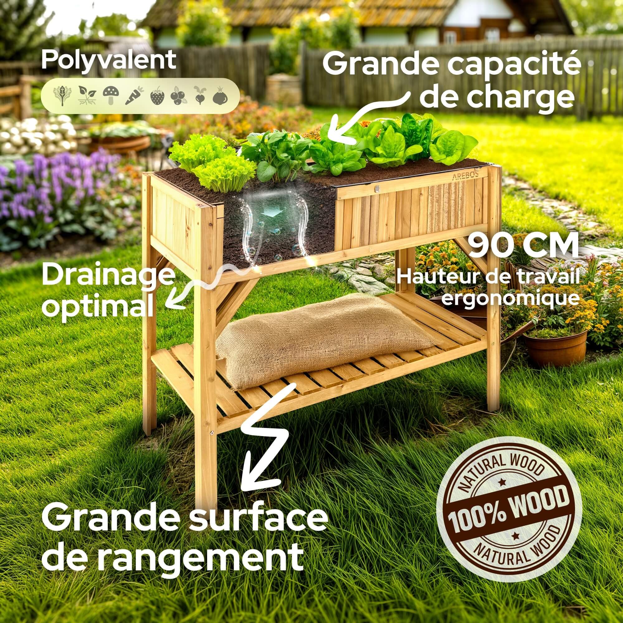Arebos Jardinière surélevée en bois avec compartiment de rangement | Pour jardin, balcon et terrasse | Intérieur équipé d'un non-tissé de protection | 119 x 53 x 90 cm