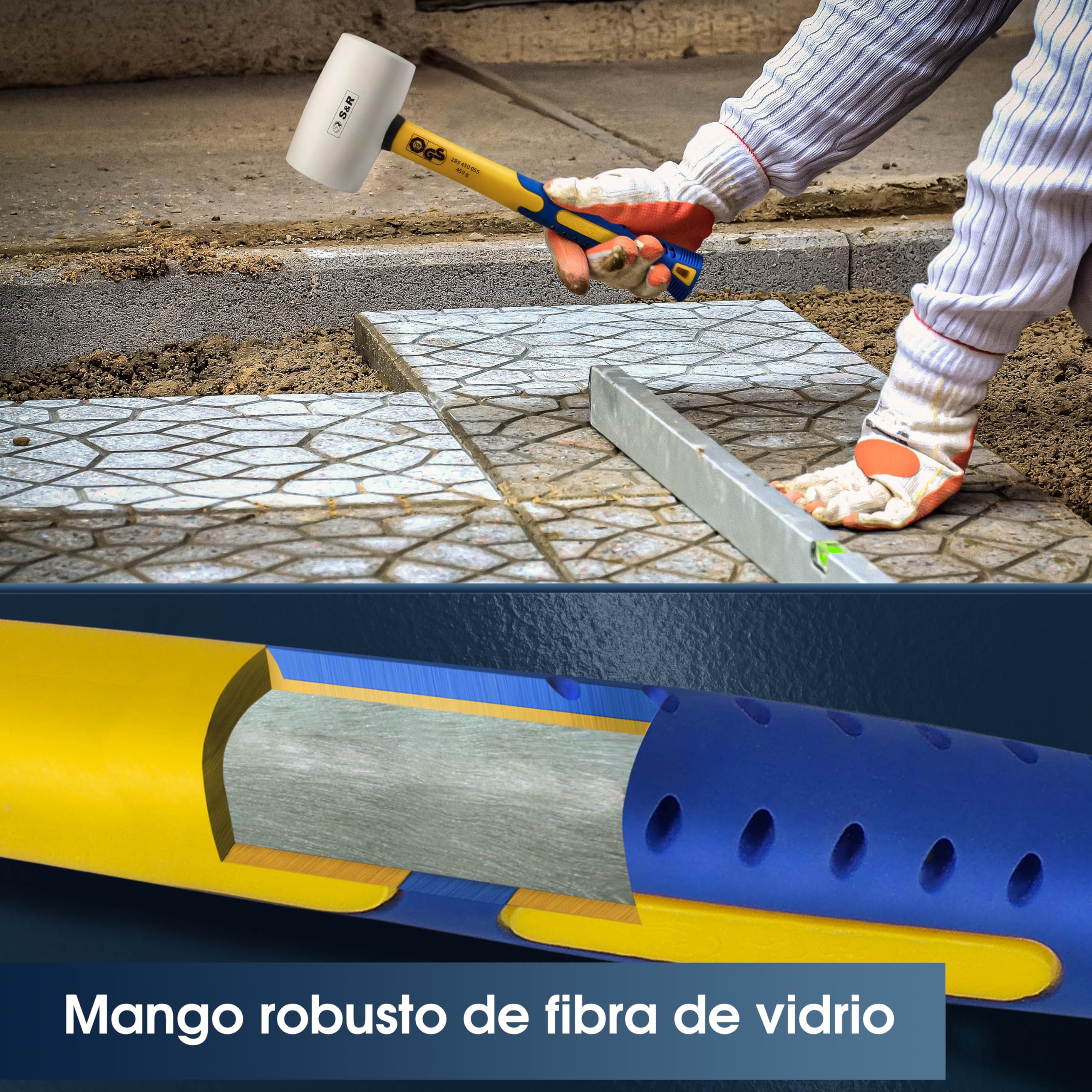 S&R Martillo Goma | Martillo de Goma | Mazo de Goma | Maza albanil Blanco 910g / 75mm | Mazo azulejos, camping, encofrador