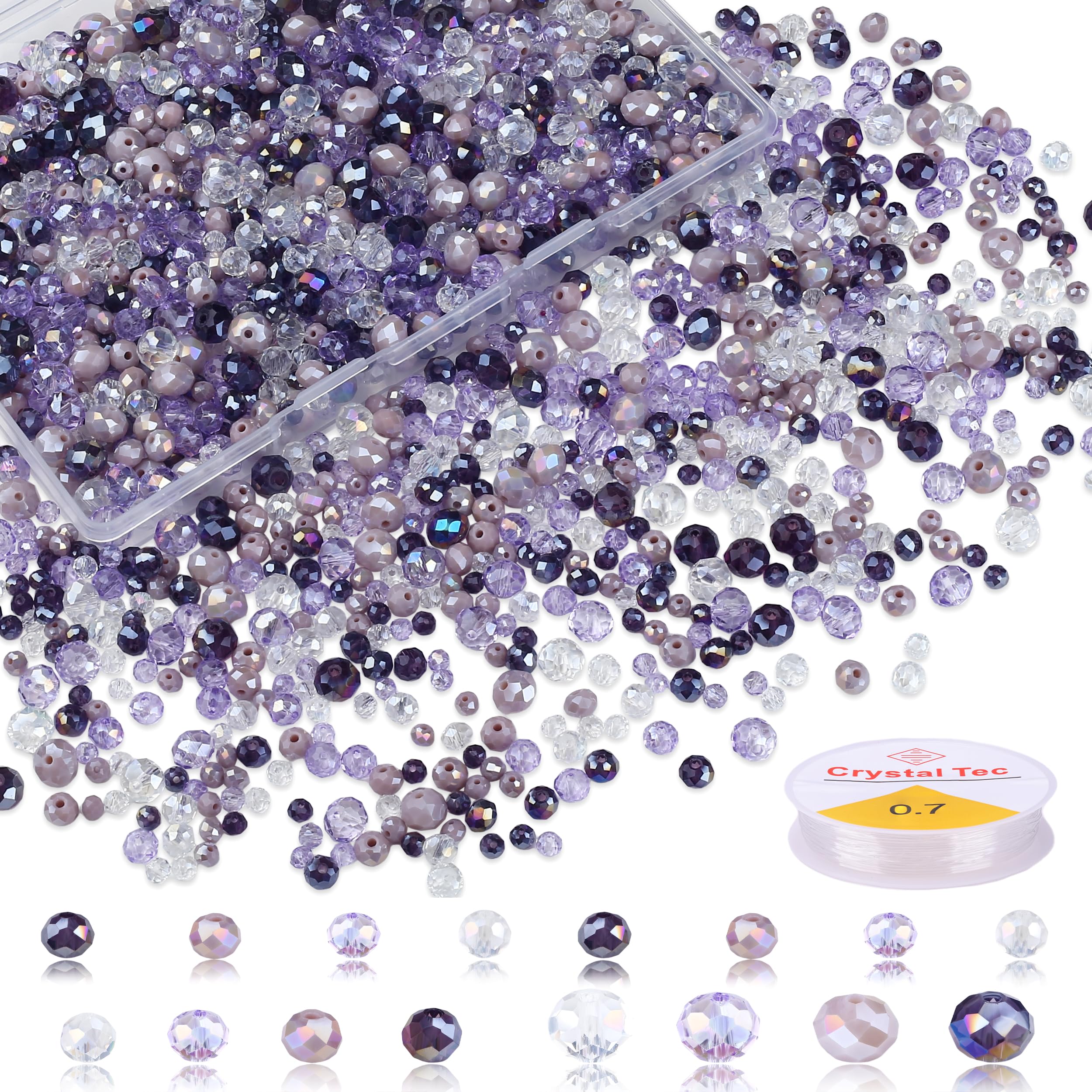 XIANNVXI 1100Pcs Faceted Purple Glass Beads for Jewellery Making,4/6/8mm Mixed Loose Craft Purple Beads with Elastic String&Storage Box,for DIY Necklace Bracelet Earring Making Suncatcher Kit
