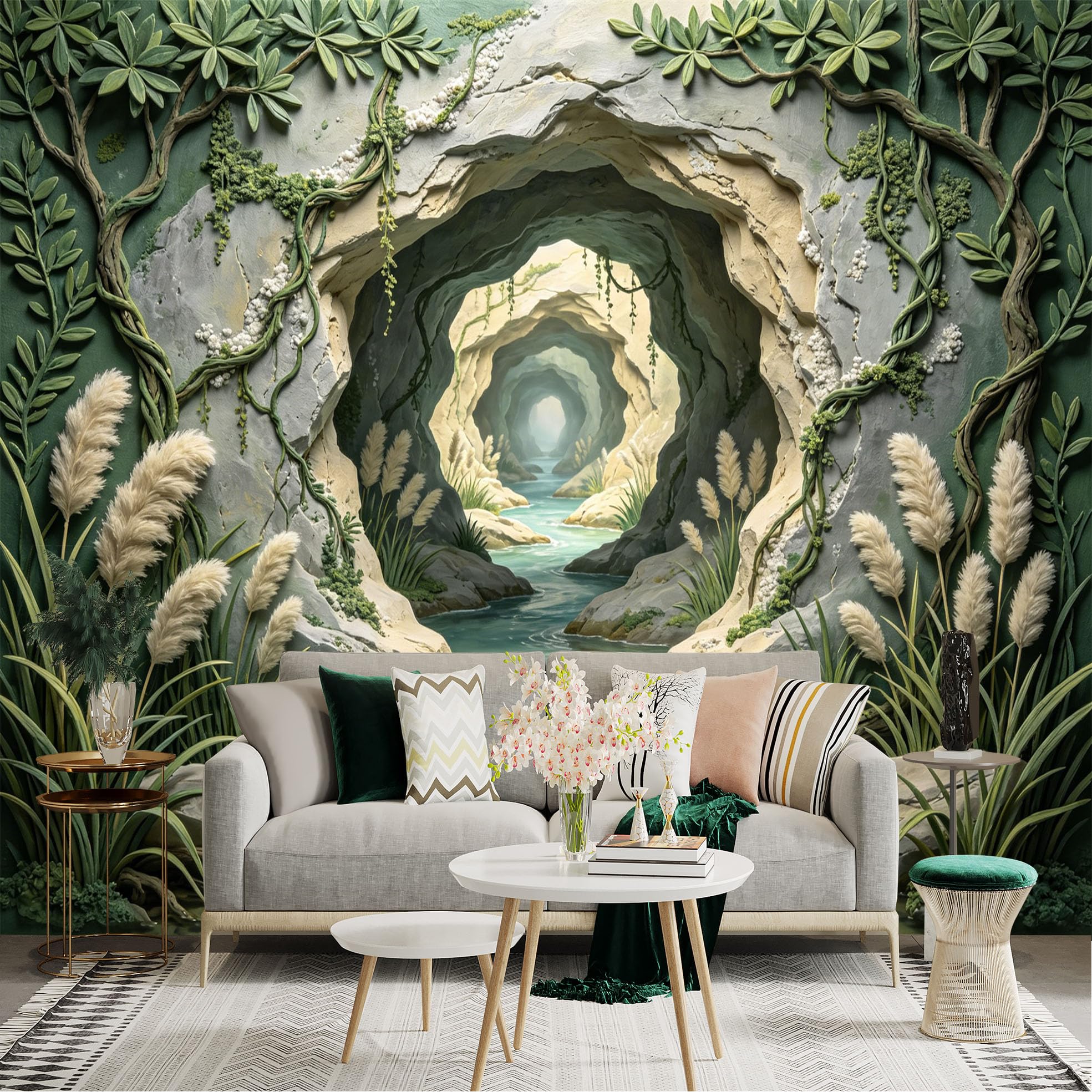 Custom Size Wall Sticker Mural， Nature Cave with River， Green Leaves and Stone Walls， for wall Decoration， peelandstick wall Decals.