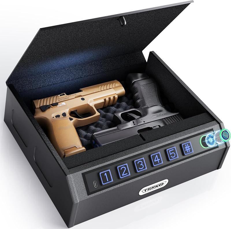 Gun Safe for Handgun - Biometric Gun Safe, 3 Ways & 0.5S Quick Access | Handgun Safe with Fingerprint/PIN/Key, Small Lock Box with Steel Cable, Interior Light, Pistol Safe for Car/Nightstand/Travel