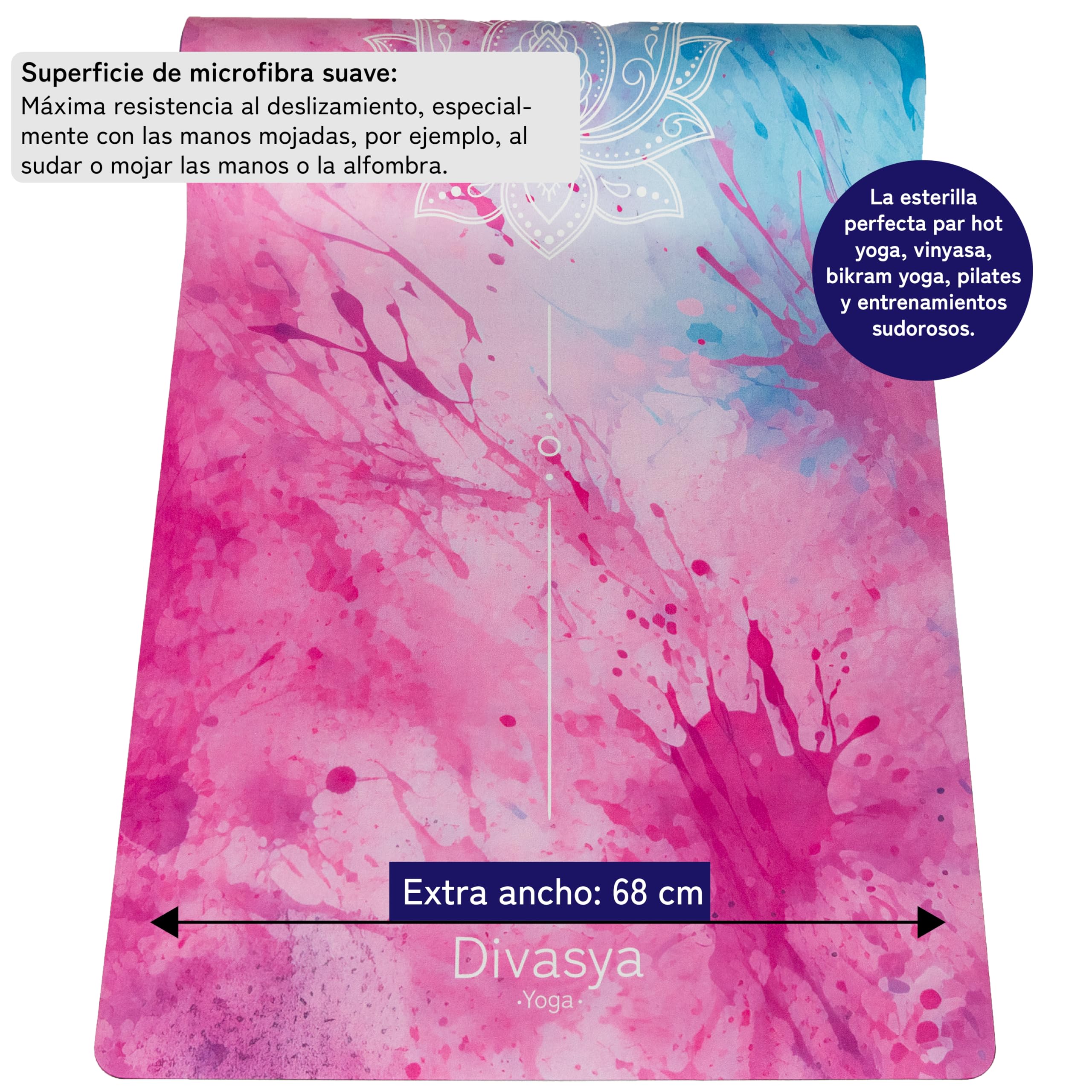 Esterilla de yoga sostenible y antideslizante: caucho natural antideslizante y superficie de microfibra absorbente, extra ancha y gruesa 183 x 68 x 0,5 cm, correa de transporte