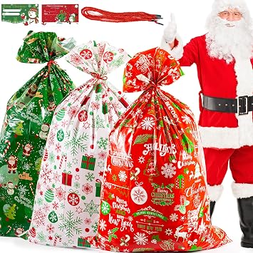 3pcs Giant Christmas Sacks Extra Large Santa Sacks 36x56" Jumbo Christmas Bags Oversized Large Xmas Gift Bags Santa Gift Sacks for Xmas Big Toys Presents Bags with Drawstring Tags XL