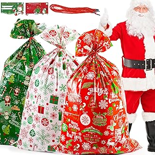 3Pcs Jumbo Christmas Sacks Extra Large Christmas Giant Gift Bags 36x56\" Xmas Huge Wrapping Sacks Oversized Big Toy Bags Giant Gift Bag for Presents Xmas Sacks Large with Gift Tags & Tie Party Favors