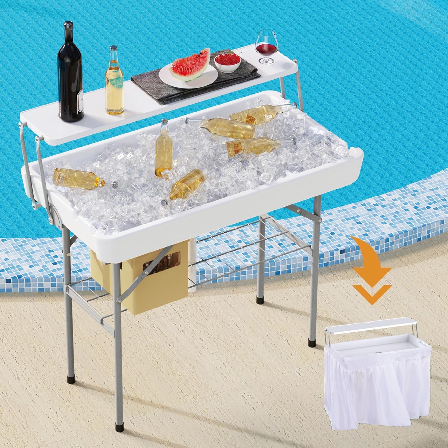 Ice Cooler Table, Portable Folding Cooler Table with Skirt & Drain & Shelving, Outdoor Foldable Drink Two-Tier Ice Table with Storage for Camping, Picnics, BBQ & Parties