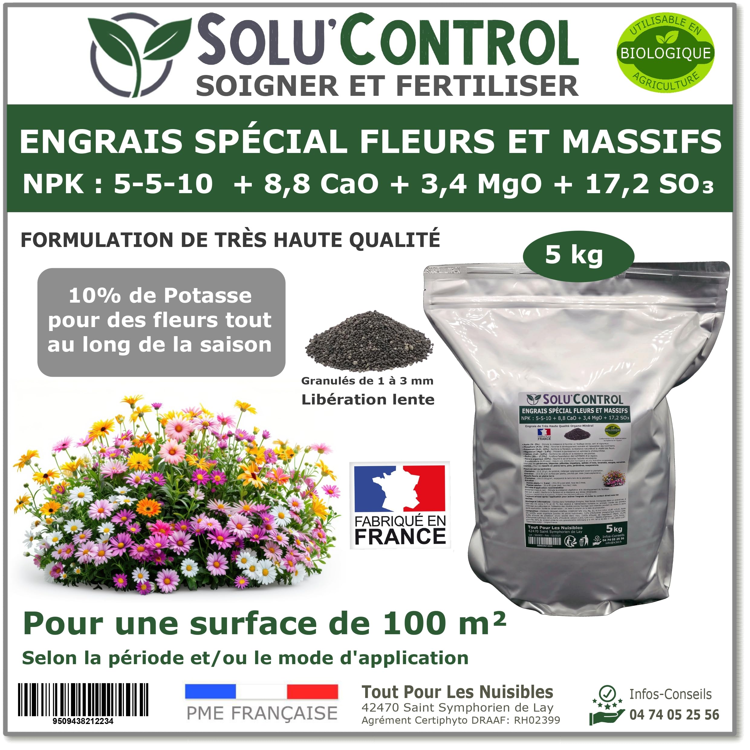5 kg - Engrais Spécial Fleurs et Massifs NPK 5-5-10 - Favorise une floraison abondante, éclatante et durable - Utilisable en Agriculture Biologique (UAB) - Fabriqué en France