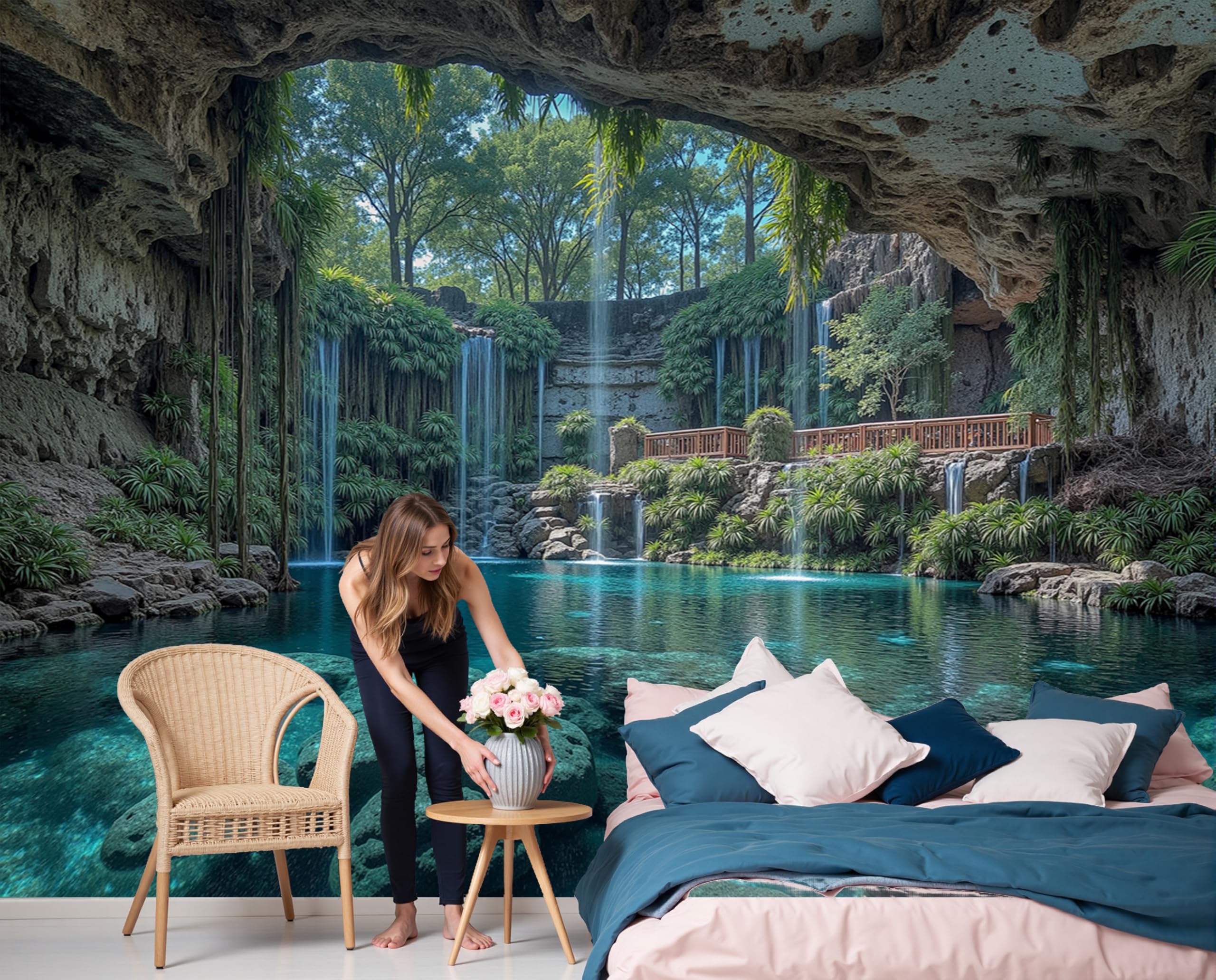 Papier peint panoramique grotte et cascade 300x210cm pour grand mur de salon