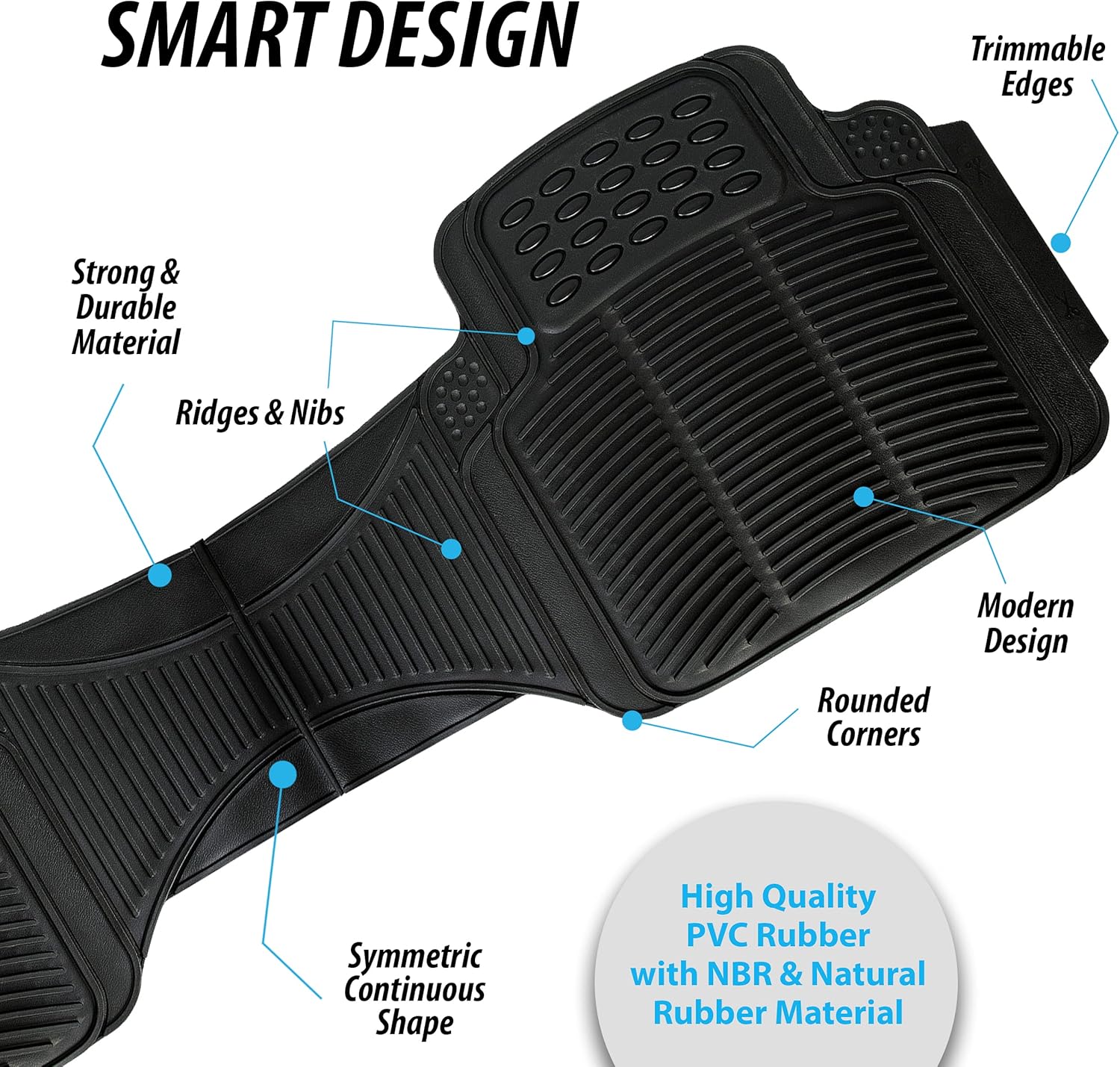 ZONETECH All Weather Rubber Car Interior Floor Mats 3-Piece Trimmable Waterproof Odorless Black Heavy Duty Universal Fit