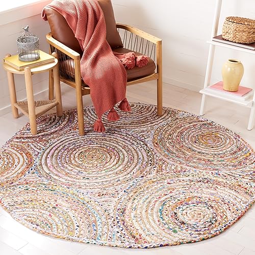 SAFAVIEH Cape Cod Collection - Alfombra redonda de 6 pies, color beige y multicolor, hecha a mano con círculos trenzados de yute y algodón, ideal