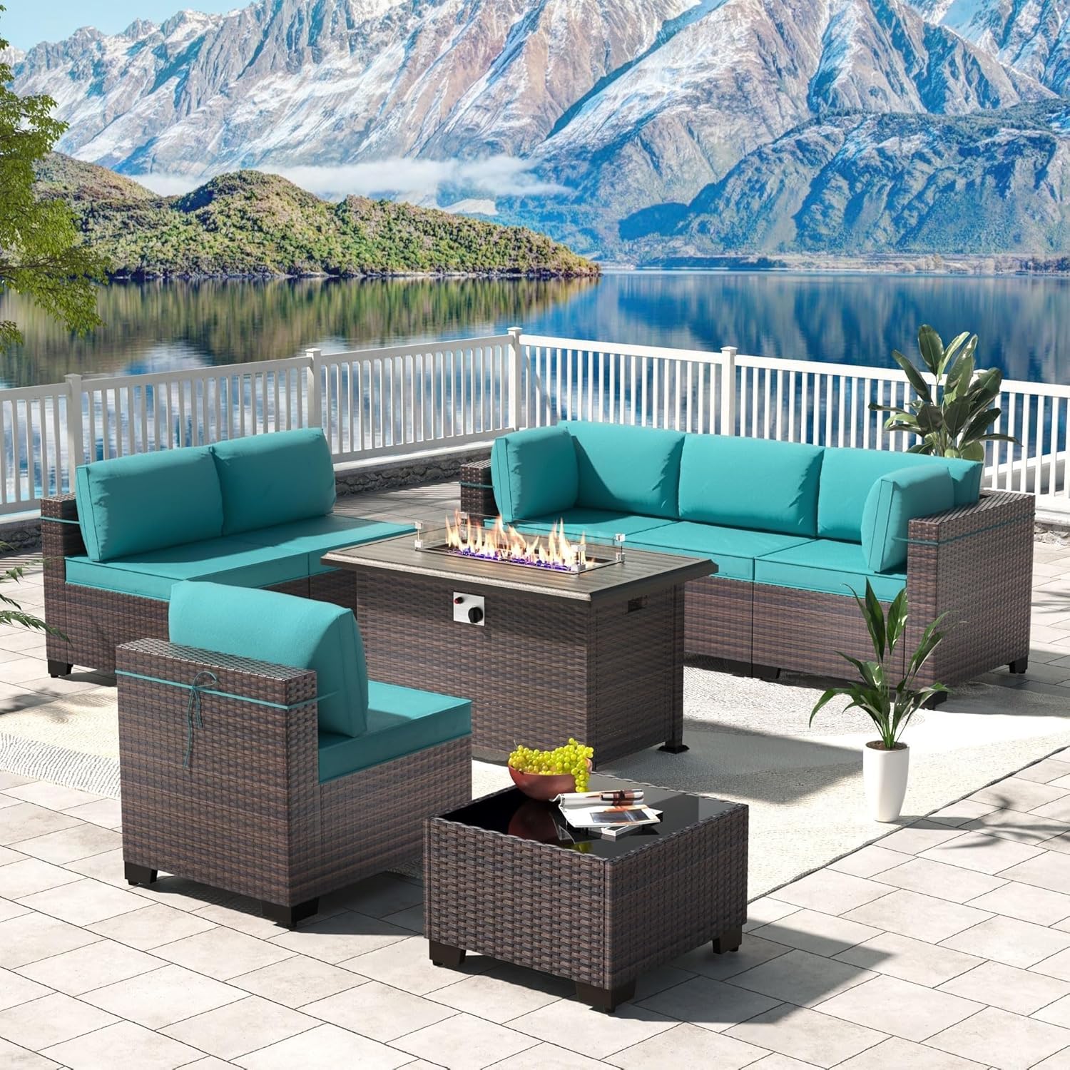 8 Pieces Outdoor Patio Furniture Set with 43" 55000BTU Gas Propane Fire Pit Table PE Wicker Rattan Sectional Sofa Patio Conversation Sets for Backyard Porch Balcony(Blue)