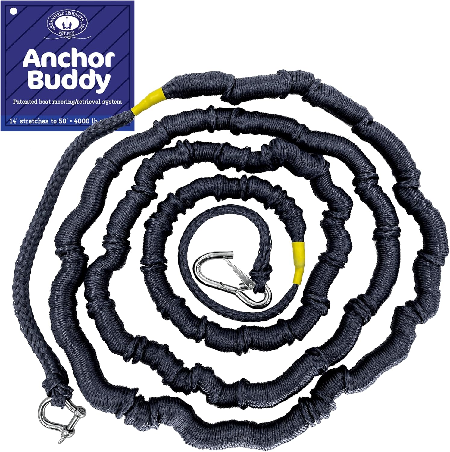 Greenfield Anchor Buddy, The Original Bungee Anchor Line for Boats. 14ft to 50ft Stretch. Elastic Anchor Rope, Bungee Anchor Line.