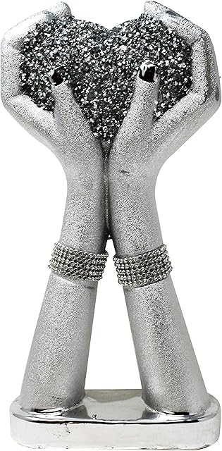 Silver Sparkle Ornament Bling Crushed Diamond Gift | CRYSTALLIZED amazing heart & hand ornament | Handmade Craft | Crushed Diamond Display | Wedding Anniversary, Birthday Present, Home Decor
