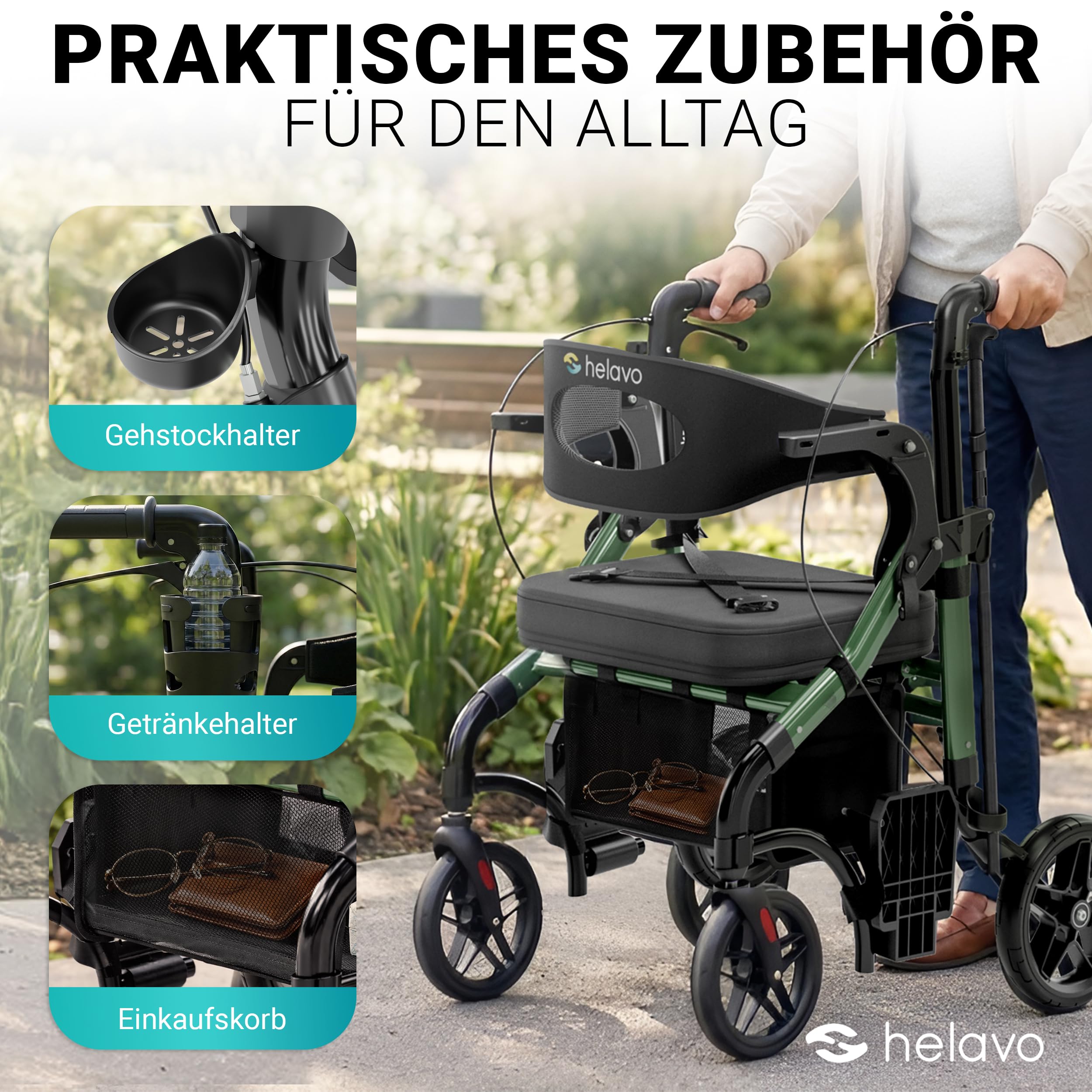 Helavo 2-in-1 Rollator und Rollstuhl mit All-Terrain-Rädern - Leichter Rollator mit Rollstuhlfunktion, Faltbar, Höhenverstellbar, Bis 136 kg Belastbar | Aluminium 2-in-1-Rollator mit Fußstützen - 10" Vollgummireifen für jeden Untergrund - 136 kg Traglast