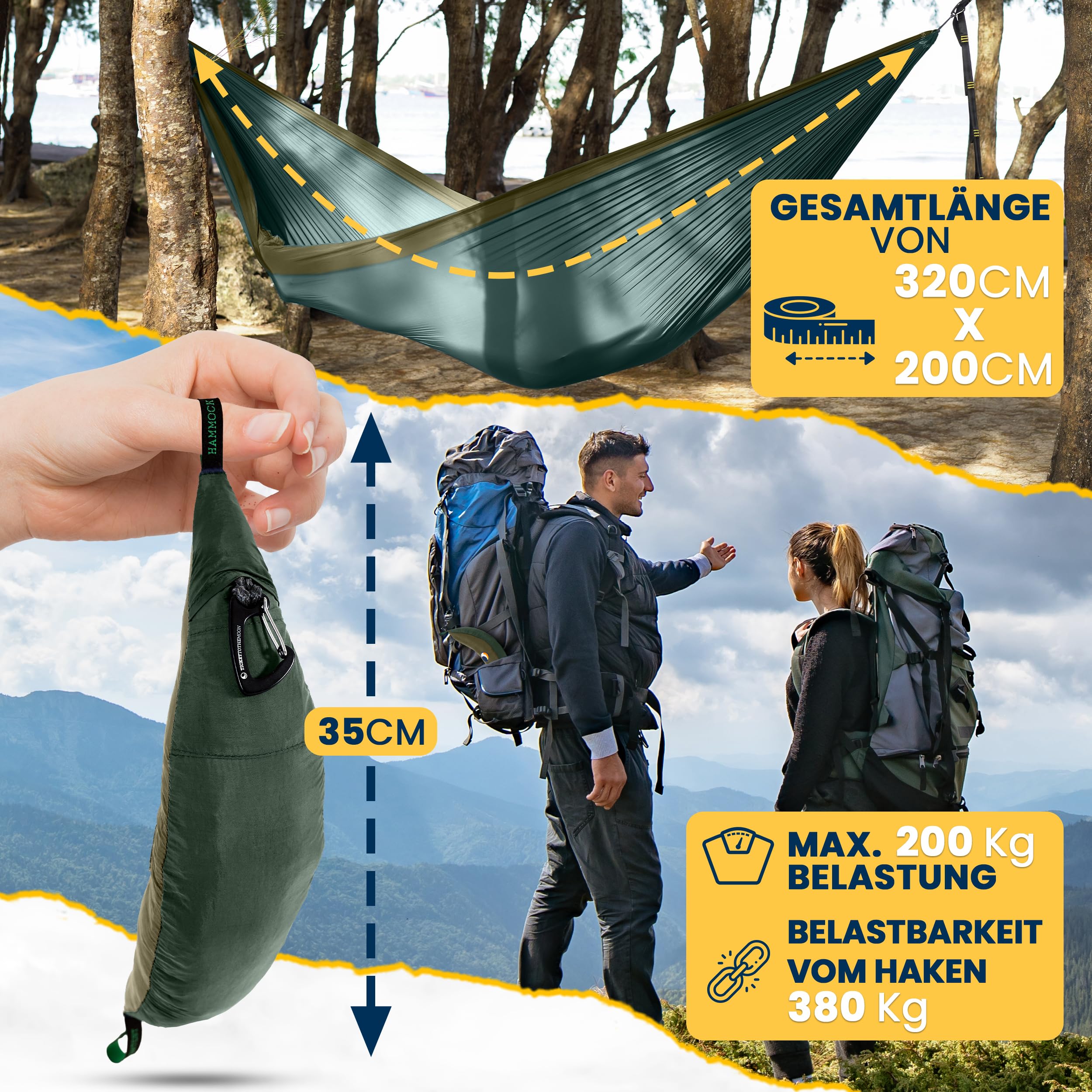 Ticket to the Moon Original per 1-2 Persone, commercio equo & fatta a mano, leggera VERDE SCURO/VERDE MILITARE per viaggiare, il campeggio e l'uso quotidiano, XL 3.2*2m, 600g, nylon paracadute in seta