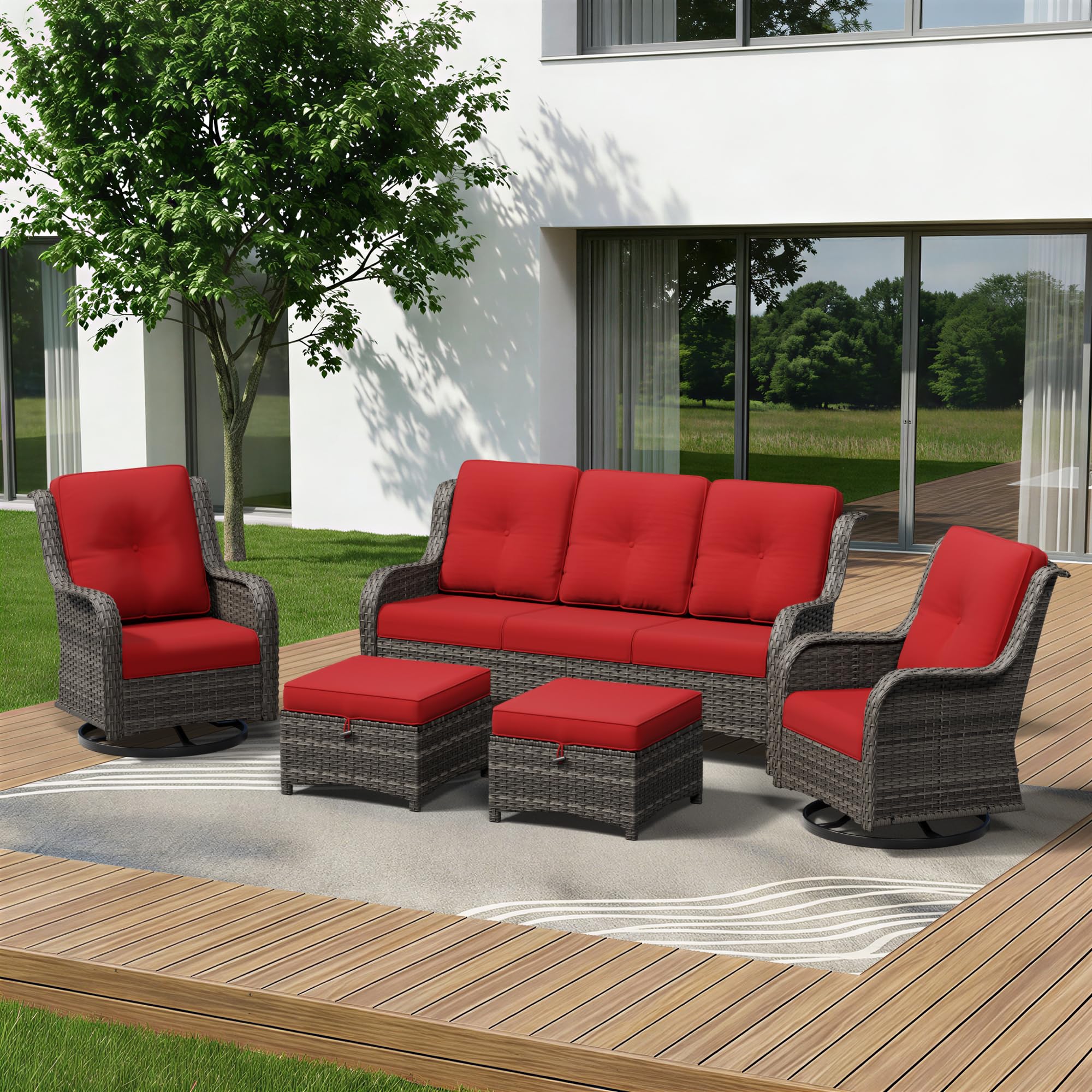 5 Piece Outdoor Wicker Patio Furniture Set, Outdoor Swivel Rocker Patio Chairs Set with Thickened Olefin Cushions, High Back and Deep Seating, Hand-Woven PE Rattan for Porch, Deck