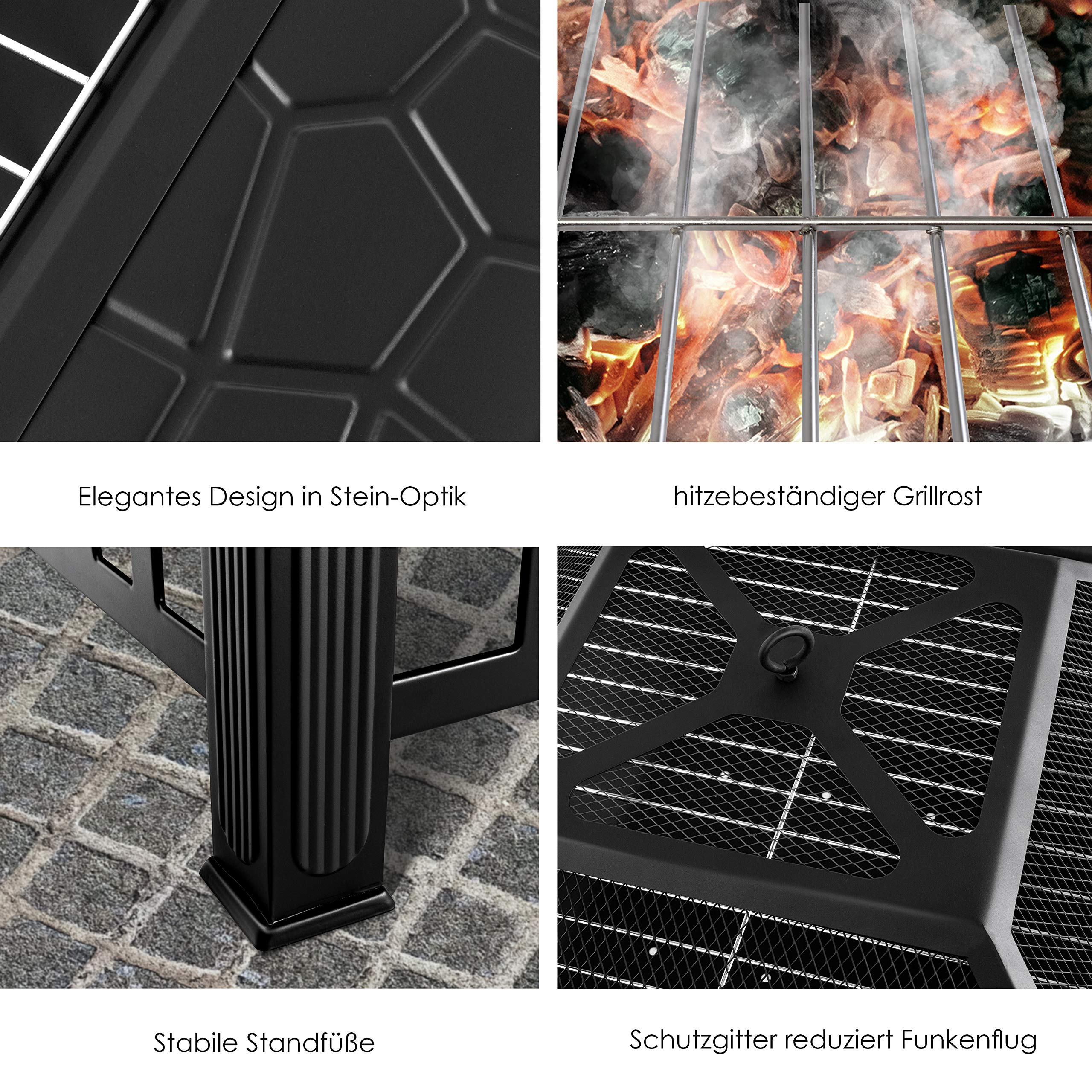 KESSER Feuerstelle mit Grillrost & Grillzange Feuerschale 82x82x50cm 3in1 Multifunktional Fire Pit für Heizung BBQ Grill Garten Terrasse