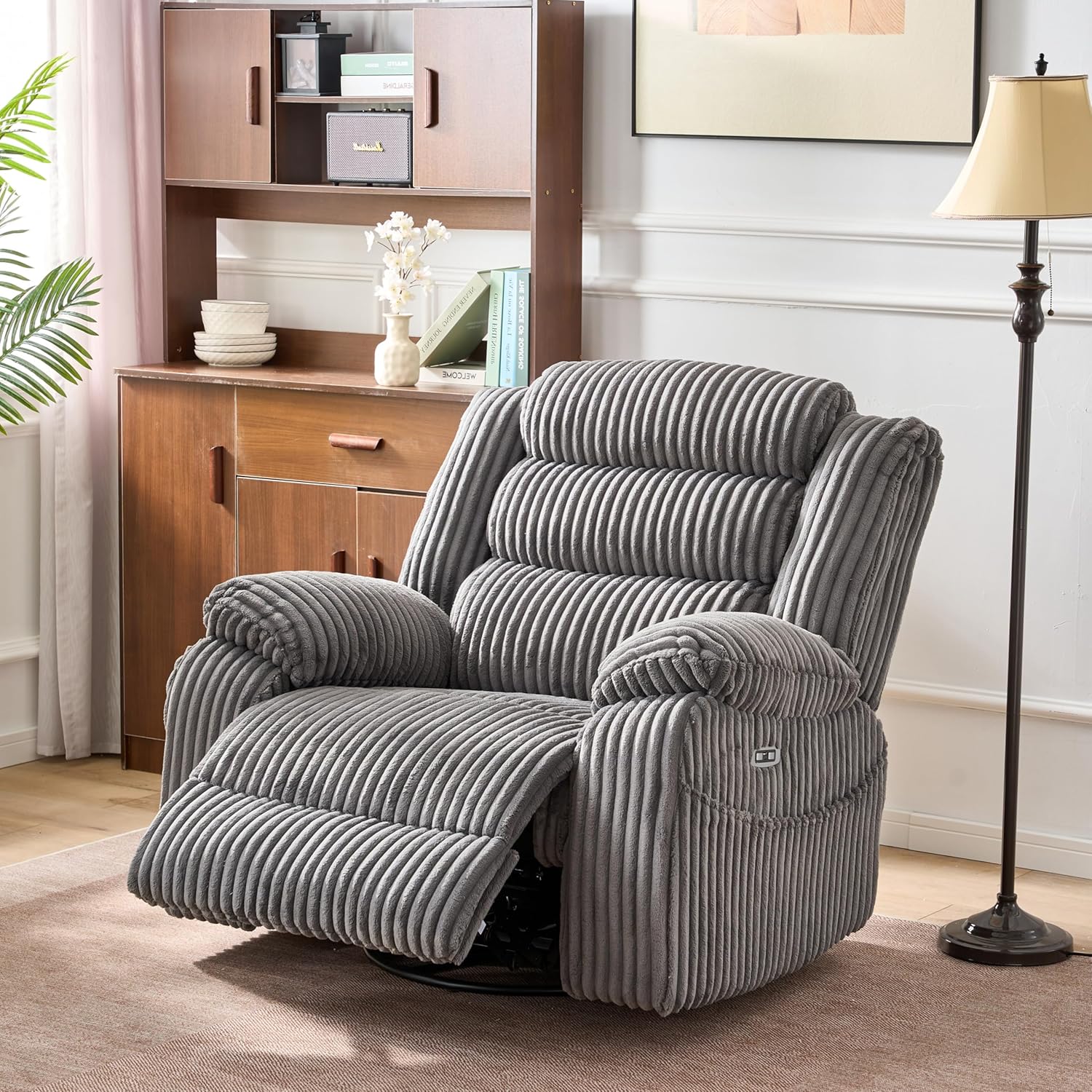ERYE Power Reclining Chair 270° Swivel Rocker Chair W/Vibration Heat and USB-C Ports,Power Control Recliner Armchair Corduroy Upholstered Nursery Armchair for Living Room Bedroom
