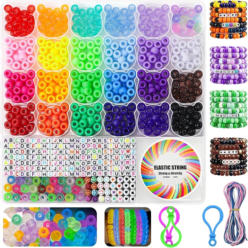 YMSDZHL 1000PCS Neon Kandi Pony Beads Letter Bead Bracelet Making Kit | Friendship Jewelry Necklace 24 Colors 9mm Pony Beads for Jewelry Making Beads DIY Crafts Gifts for Girls Adults