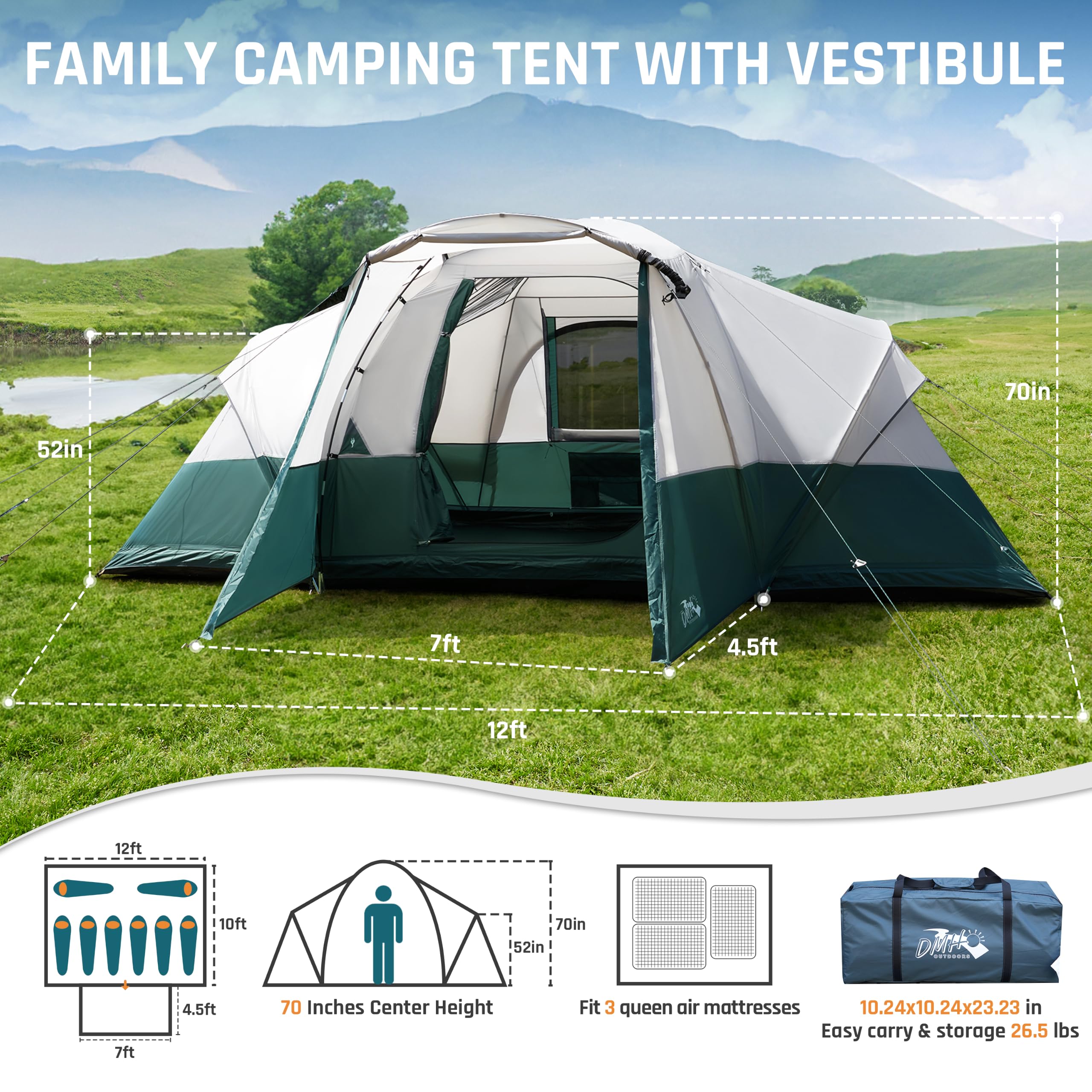 DMH OUTDOORS 8 Person Large Family Camping Tent Big Tunnel Tent with Porch