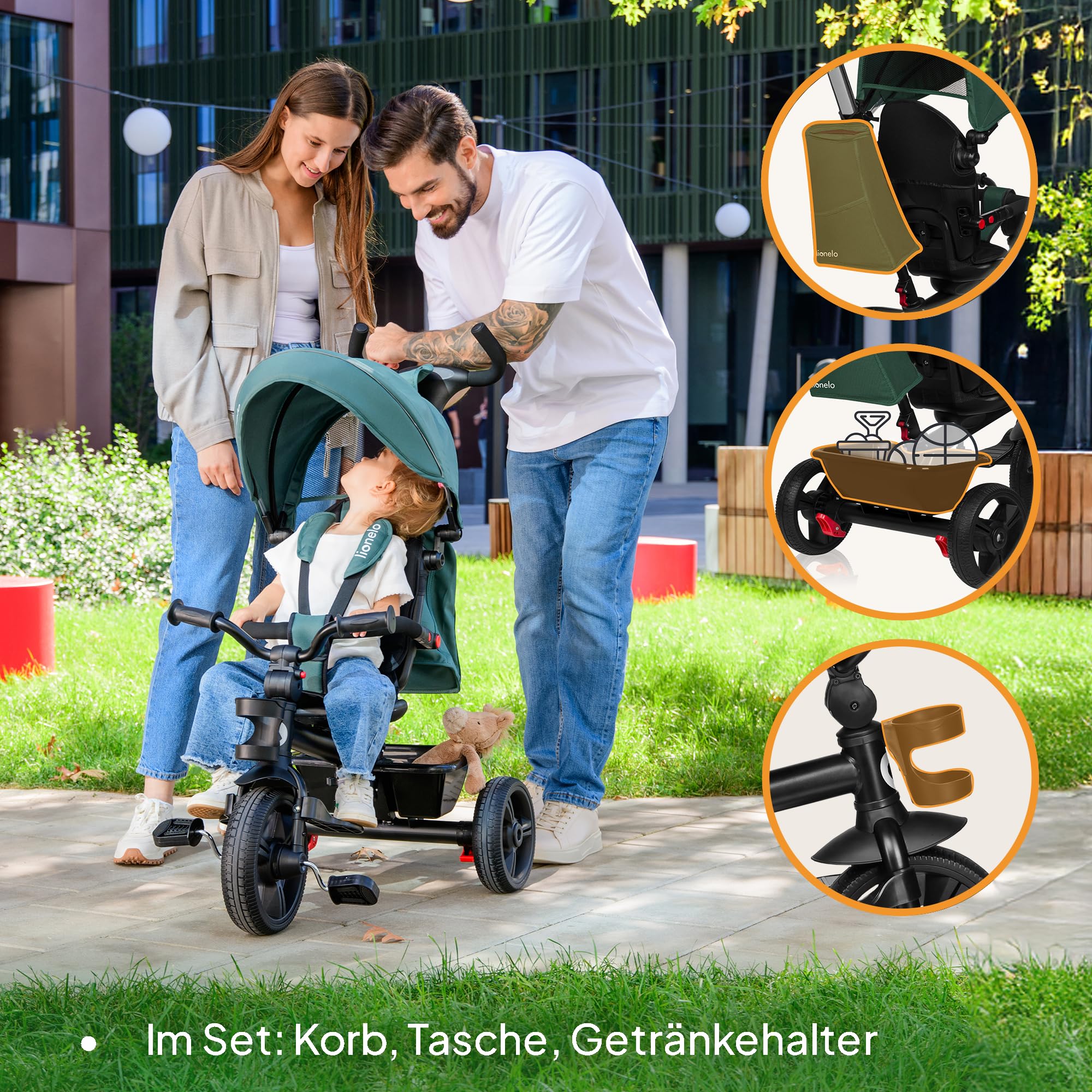 LIONELO Haari 2in1 Dreirad mit Schubstange ab 18 Monate bis 25kg, Vorwärts und Rückwärtsfahrt, schlauchlose Gummireifen, Freilauf geräumiger, Korb, Tasche, Getränkehalter