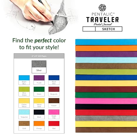 Pentalic 6 x 8 Pocket Sketchbook Traveler Journal, 160 Pages, Metallic Silver