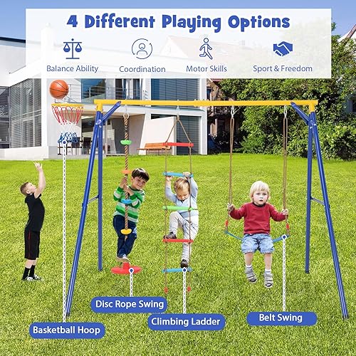 Miniatura 2 de HONEY JOY Juego de columpios de 660 libras para patio trasero, soporte de columpio de metal resistente con columpio de cuerda de disco, columpio