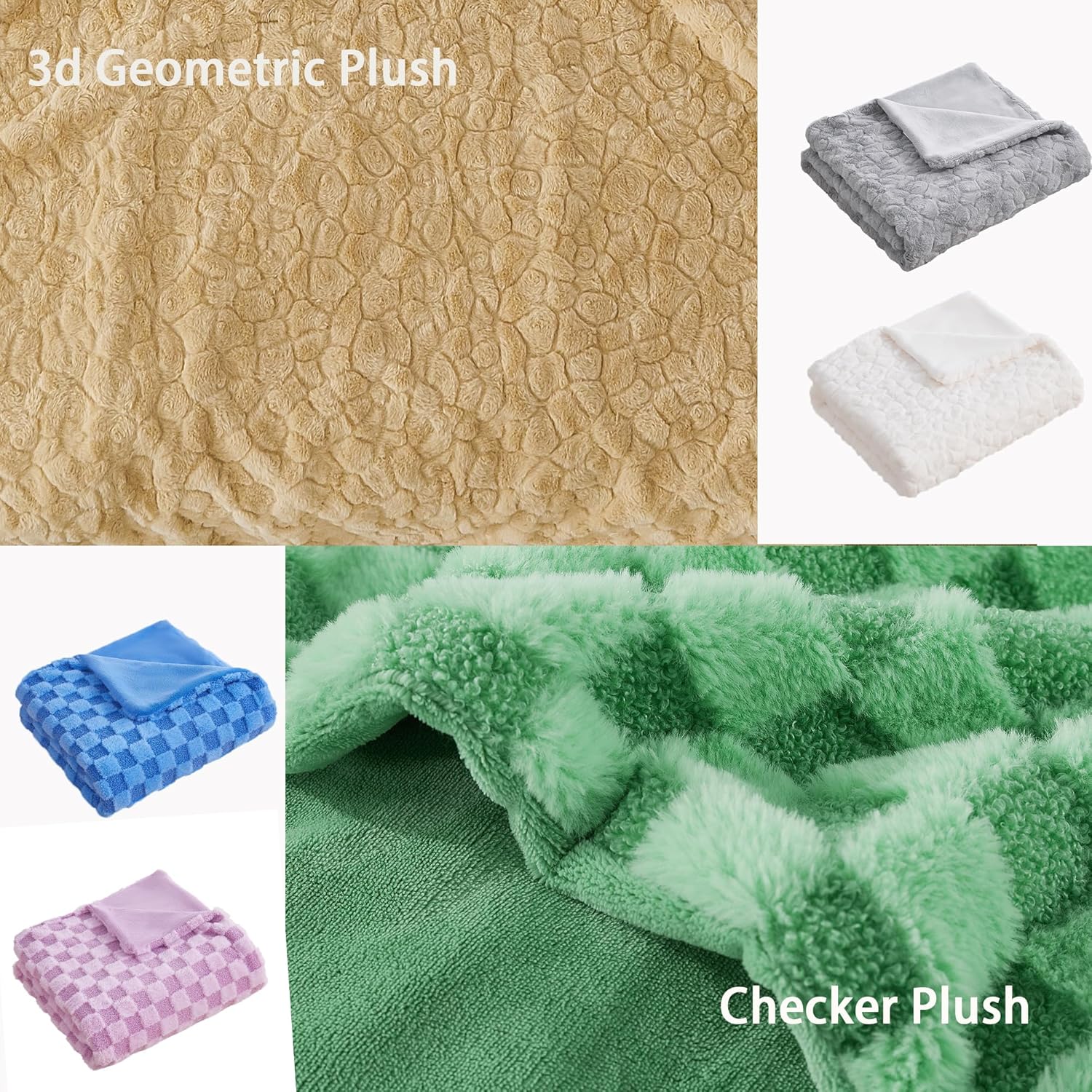 Luxury 3D Square Grid Faux Fur Throw Blanket – Reversible Soft Teddy Velvet & Flannel – Thick Warm Fuzzy Plush Blankets for Couch, Bed & Sofa – Machine Washable Gift for Women Throw XL 50x70 inches