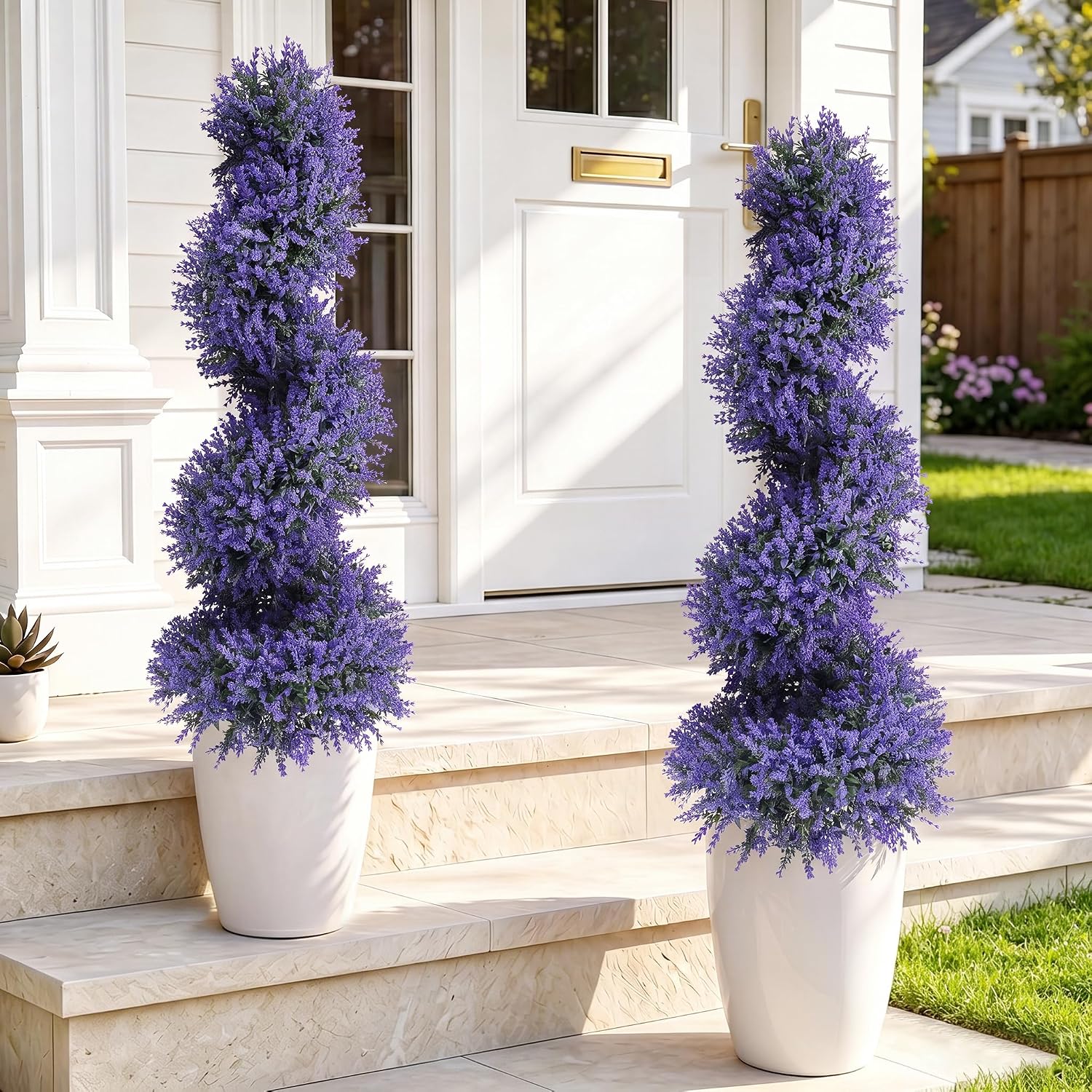 3ft Artificial Topiary Spiral Trees with Lavender Set of 2 High End Outdoor Faux Plants Realistic Large Fake Bushes Lifelike Lilac Shrubs Decorations for Outdoor Indoor Front Porch Garden