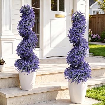 3ft Artificial Topiary Spiral Trees with Lavender Set of 2 High End Outdoor Faux Plants Realistic Large Fake Bushes Lifelike Lilac Shrubs Decorations for Outdoor Indoor Front Porch Garden