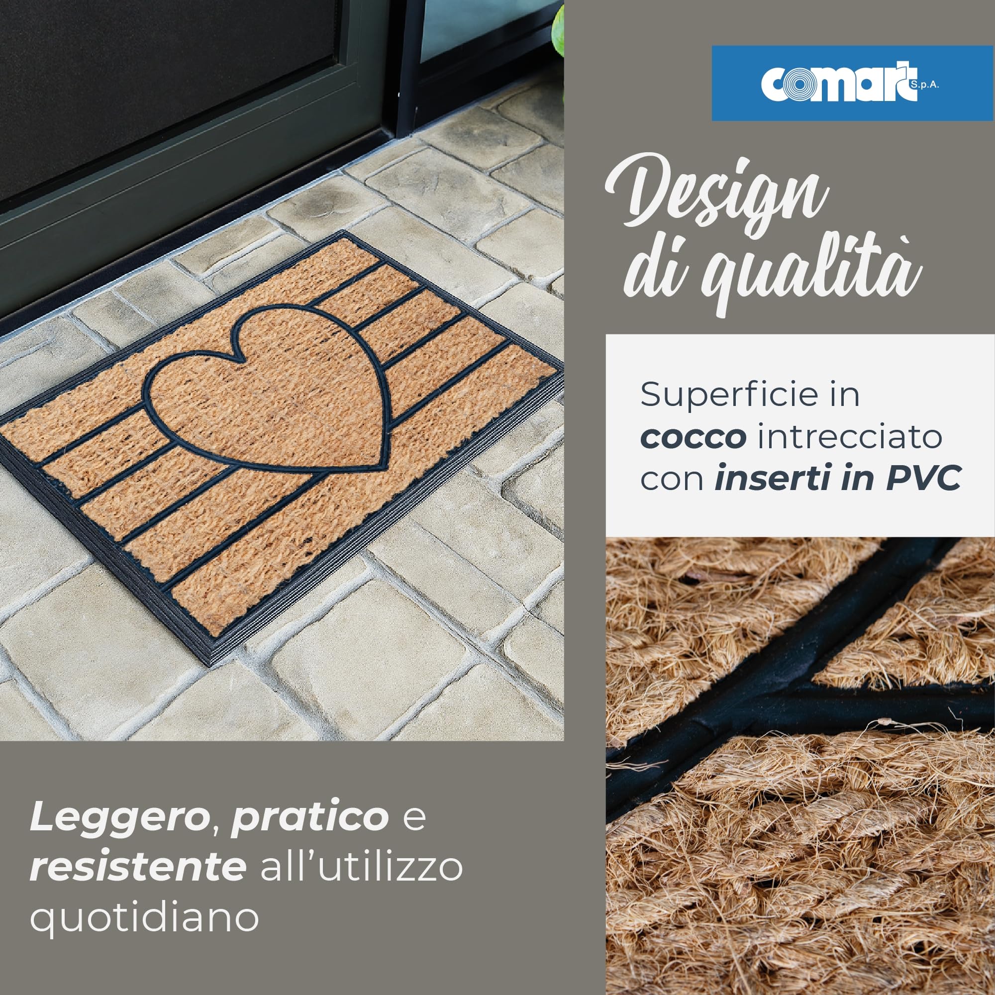 Comart - Zerbino Capitol - 40x60 cm - Zerbino in Cocco con Disegni in Gomma - Tappeto per Ingresso Esterno e Interno - Fondo Antiscivolo Gommato - Facile da Pulire - Rettangolare - Design Cuore