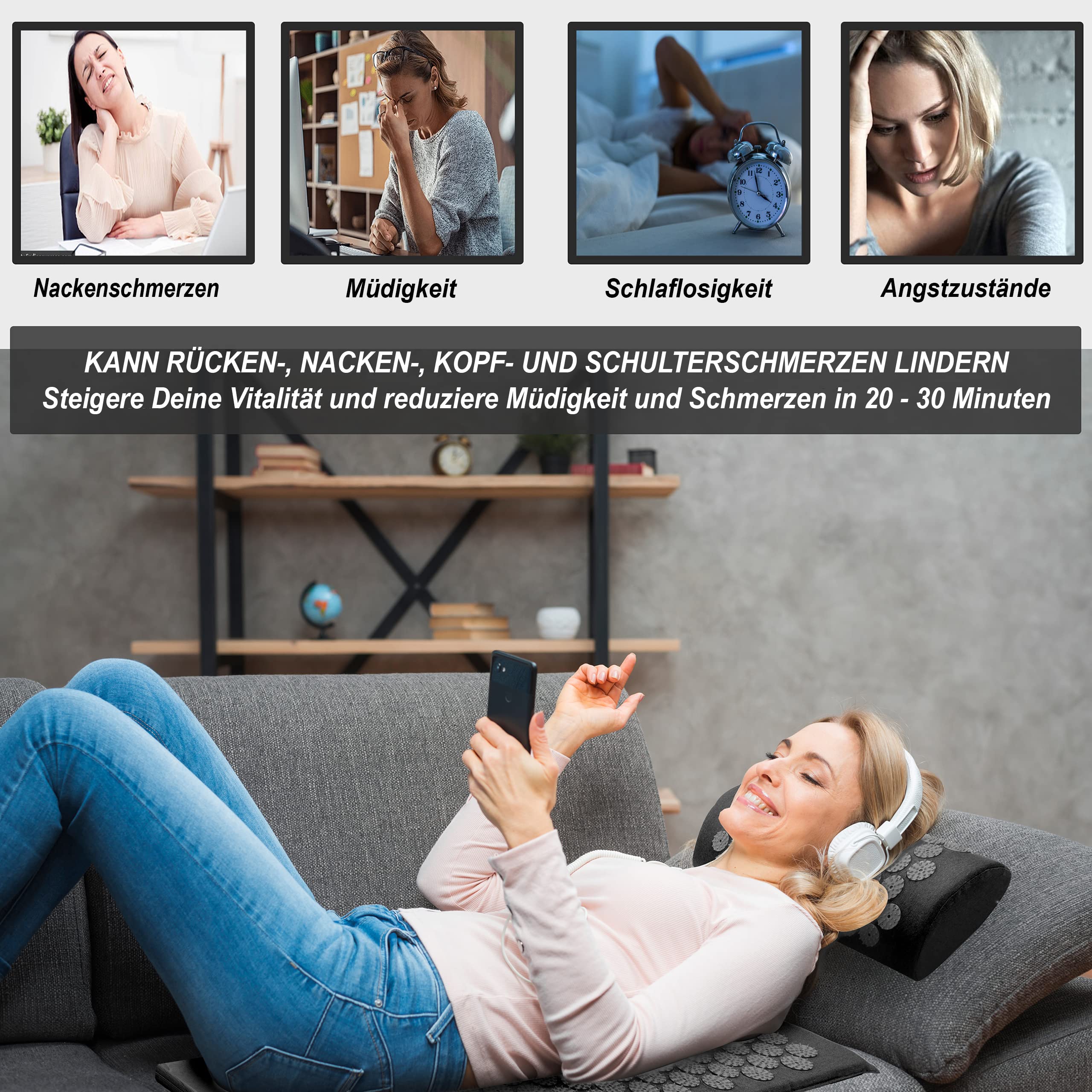Akupressurmatte mit Kissen | Akupressur-Set mit Nackenkissen zur Entspannung | Massagematte mit Tragegriffen | Schwarz