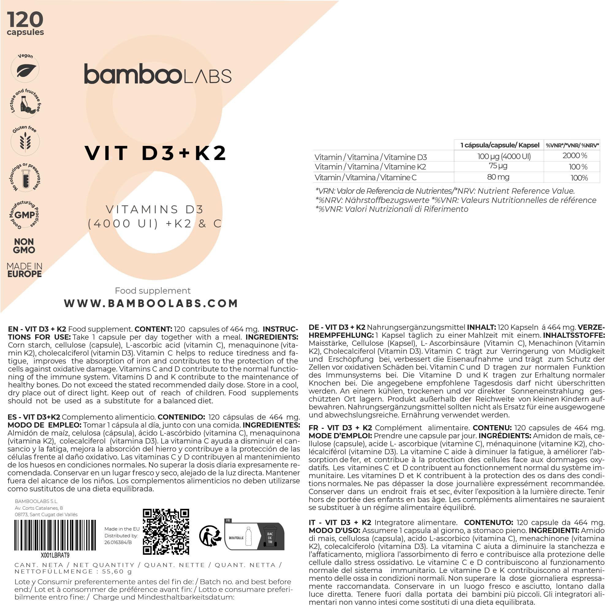 Bamboo Labs - Vitamina D3 y K2 + Vitamina C, 120 Cápsulas de Vitamina D3 4000 UI, Ayuda al Sistema Inmunológico y Favorece el Sistema Nervioso y Óseo