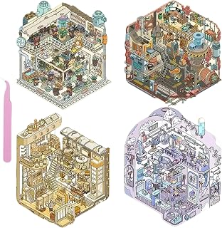 New 3D Stickers Scene, 4 Sci-Fi Themed Sets DIY Stickers for Mechanical Ark, Power Station, Sunset Pharmacy, Sundry Farm, 3D Sticker Scenes for Adults Relief Stress Sticker Therapy (E)