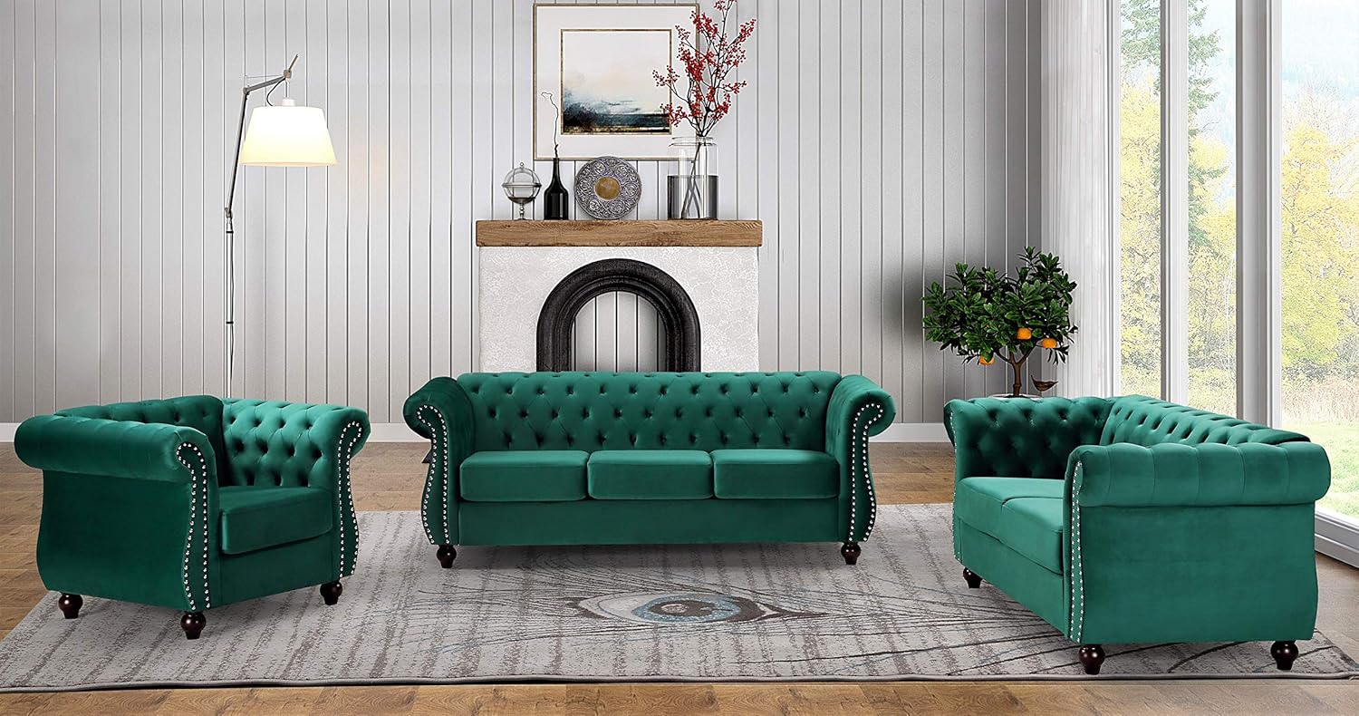 Feinstein Modern Velvet Chesterfield Couches for Living Room with Nailheads, Diamond Tufting & Durable Metal Frame, Loveseat, Green