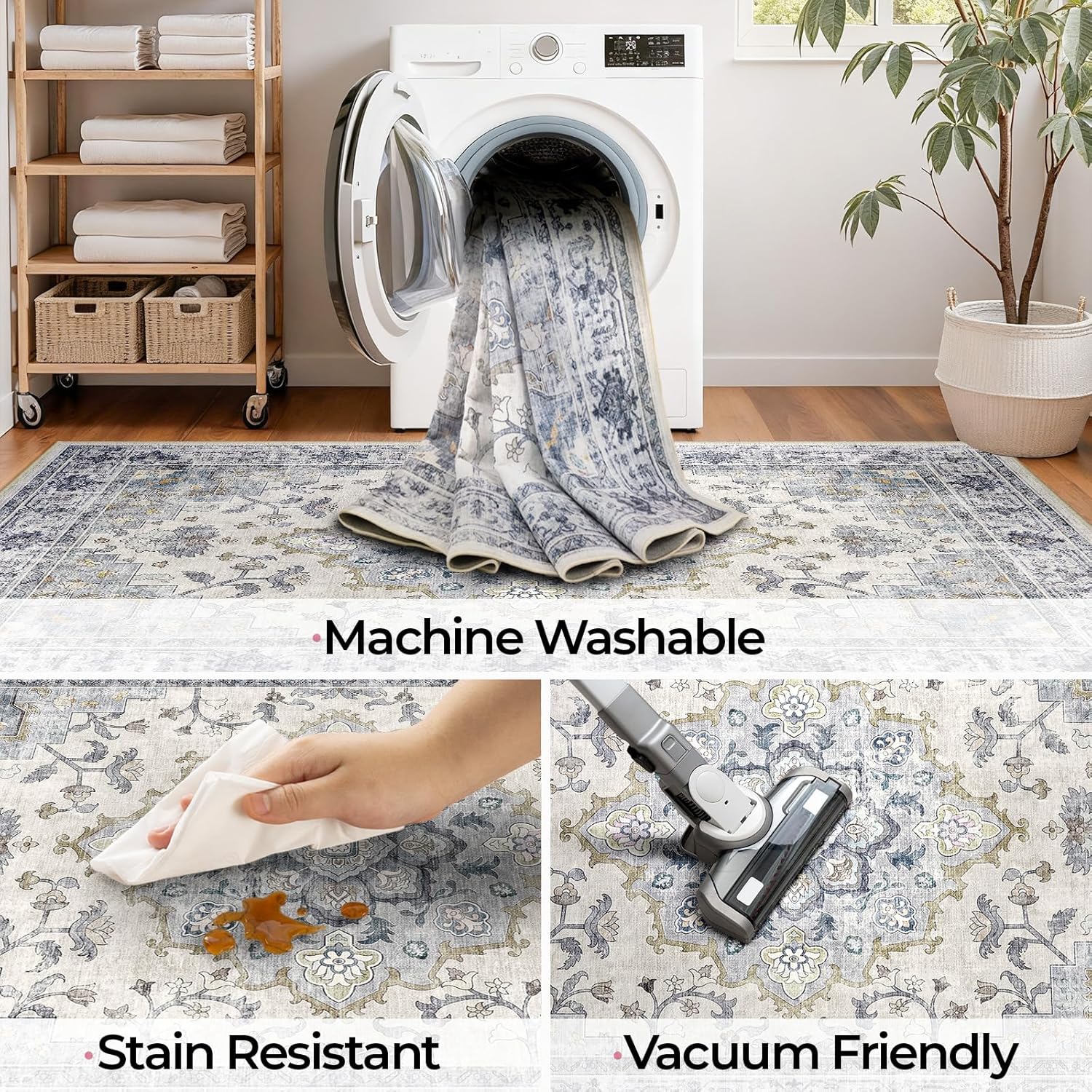 Machine Washable Rugs Nursery Rug 5x7 Cute Girl Non Slip Low Pile Water Repellent Soft Print Pattern for Bedroom Indoor Decor Kids Playroom Bluewhite - Image 4