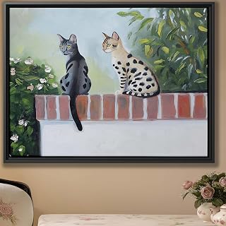 Bengal Cat Painting Oriental Shorthair Wall Art Exotic Cat Duo Canvas Romantic Garden Scene Vintage Style Portrait Animal Art