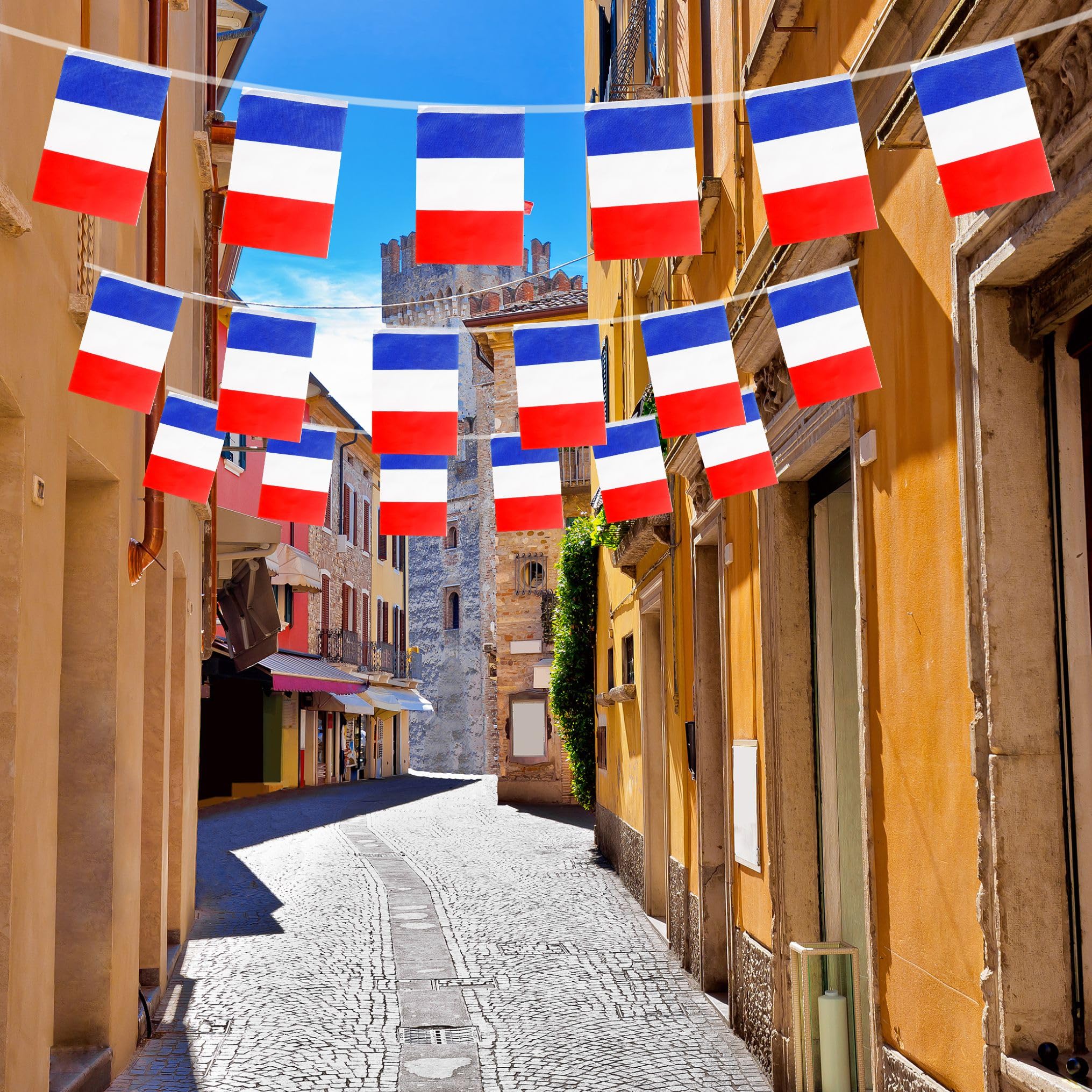 Guirlande de 30 drapeaux de la France - 14 x 21 cm - 10 m - Motif football européen 2024 - Décoration de fête pour événements sportifs - Intérieur ou extérieur - Jardin - Bar