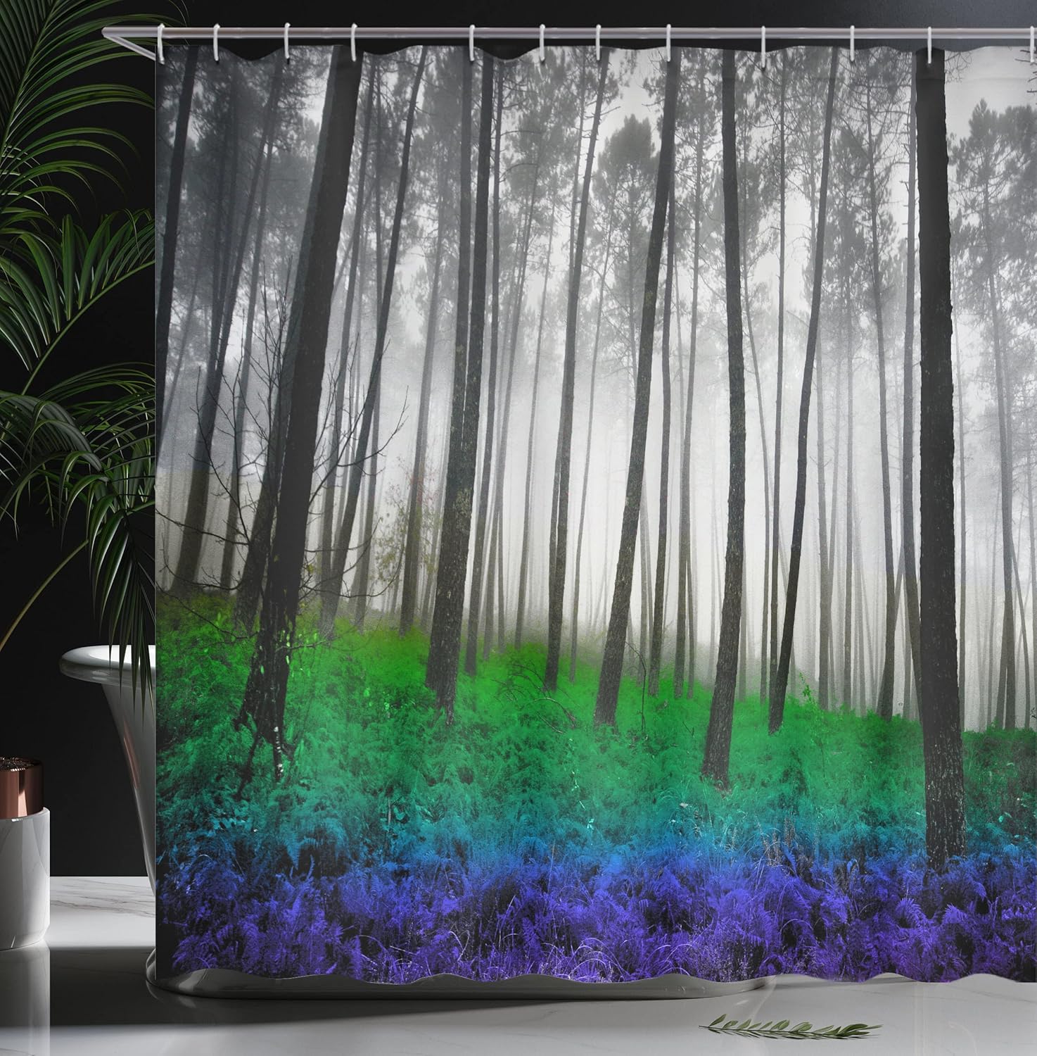 Ambesonne Forest Shower Curtain, Mystical Fantasy Woodland Under Heavy Fog Tall Trees Bushes Contrast Colors, Cloth Fabric Bathroom Decor Set with Hooks, 69" W x 70" L, Fern Blue