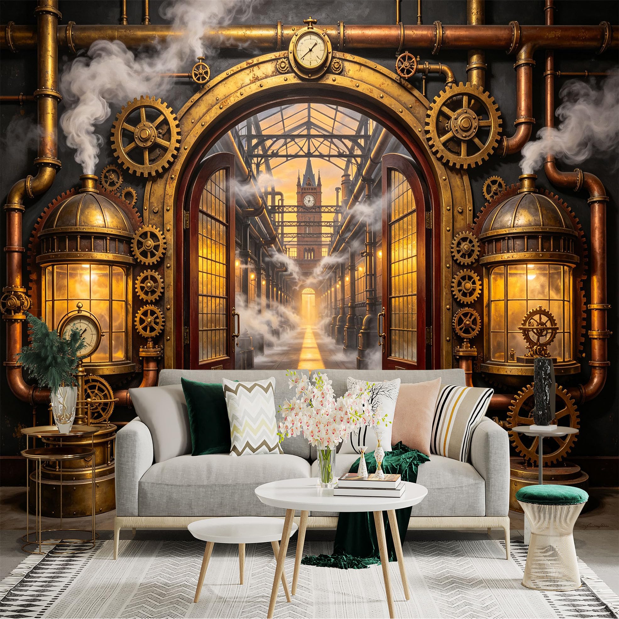 Custom Size Wall Sticker Mural， Steampunk Industrial Corridor with Gears， Pipes and Vintage Clockwork， for wall Decoration， peelandstick wall Decals.