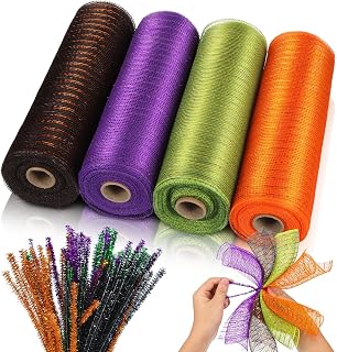4 Rolls Halloween Poly Mesh Wreath Making Ribbon Supplies 10 Inch x 30 Feet Metallic Poly Mesh Decor and 100 Pieces Wreath Tube Cleaners Chenille Stems(Black, Purple, Green, Orange)