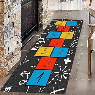 Kids Floor Play Area Rug,3.3x7ft, Hopscotch Game Carpet Crawl Jump Mat, Black and White Graffiti Creative Fun Runner Rugs, Children Numbers Learning Non-Slip Easy to Clean Rugs for Boys Girls