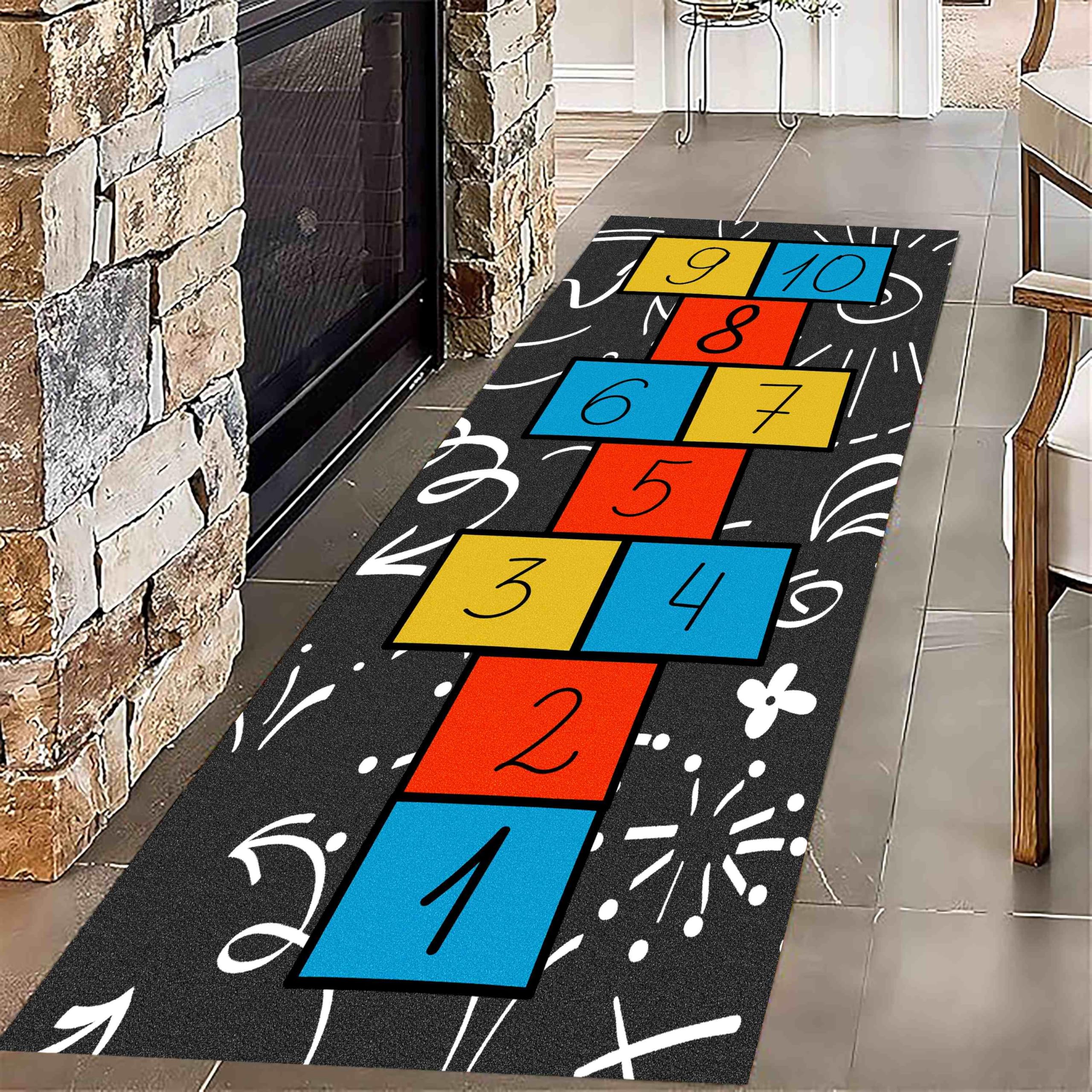 Kuluoits Number Hopping Runner Rug, 60x300cm Kids Fun Hopscotch Rug, Machine Washable Non-Slip Black and White Graffiti Rugs for Game Room, Hallway, School Carpet, Multiple Colors Entrance Carpet