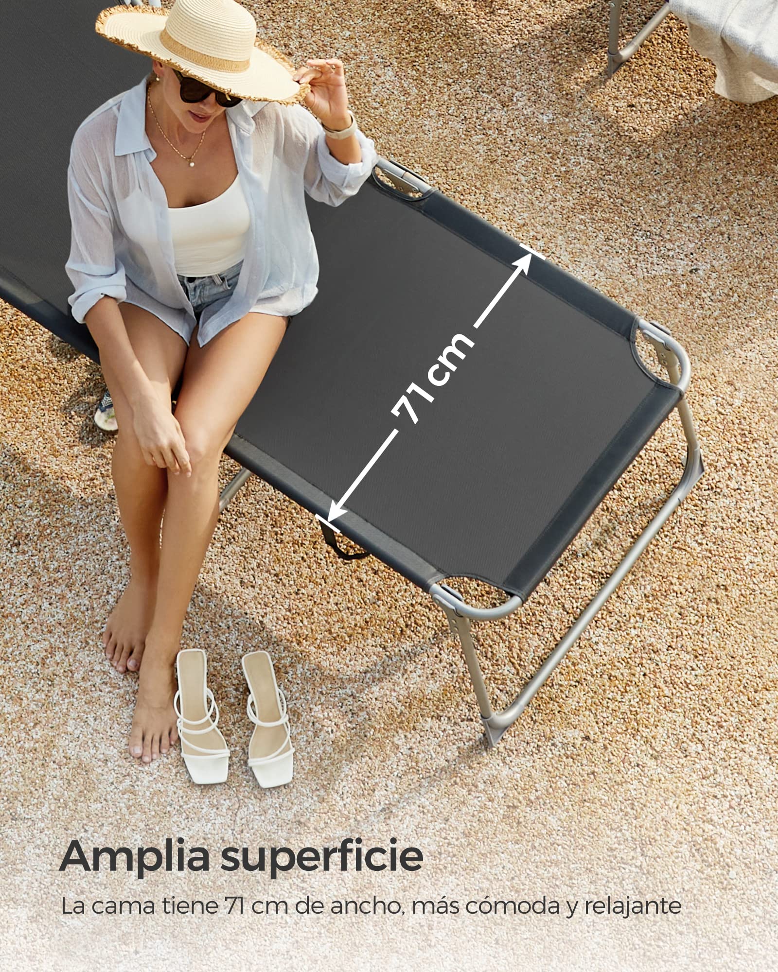 SONGMICS Tumbona Plegable Grande 200 x 71 x 38 cm, Capacidad de Carga 150 kg, con Parasol y Respaldo Ajustable, para jardín, Piscina, terraza, Gris Oscuro GCB22GYV2